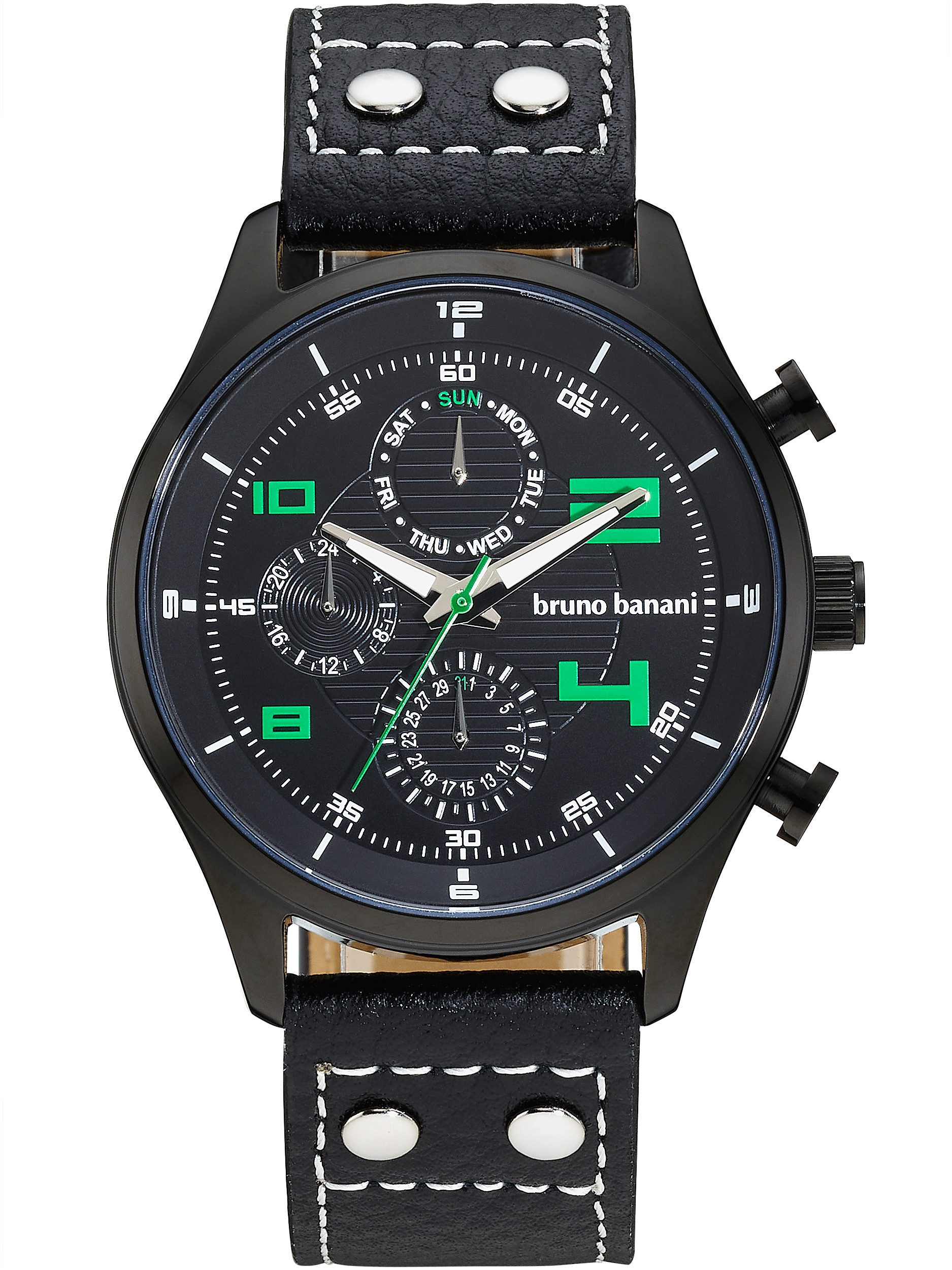 Bruno Banani Multifunktionsuhr Roadster BAGA-20353-22L, Quarzuhr, Armbanduhr, Herrenuhr, Lederarmband, analog, Tag, Wochentag