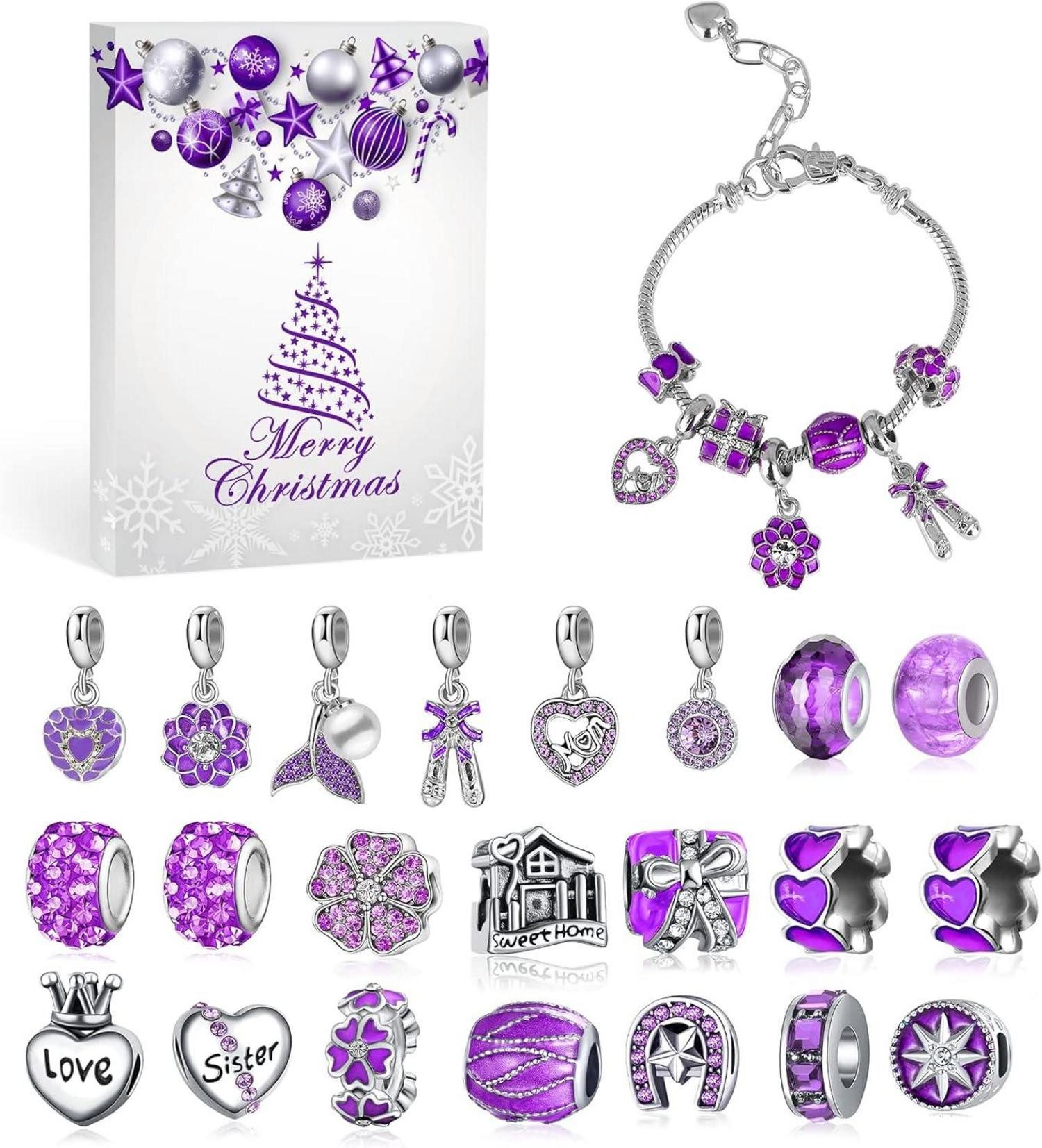 Schmuck-Adventskalender Lila Herz Adventskalender Weihnachtscountdown 2024 Mädchen Perlen DIY
