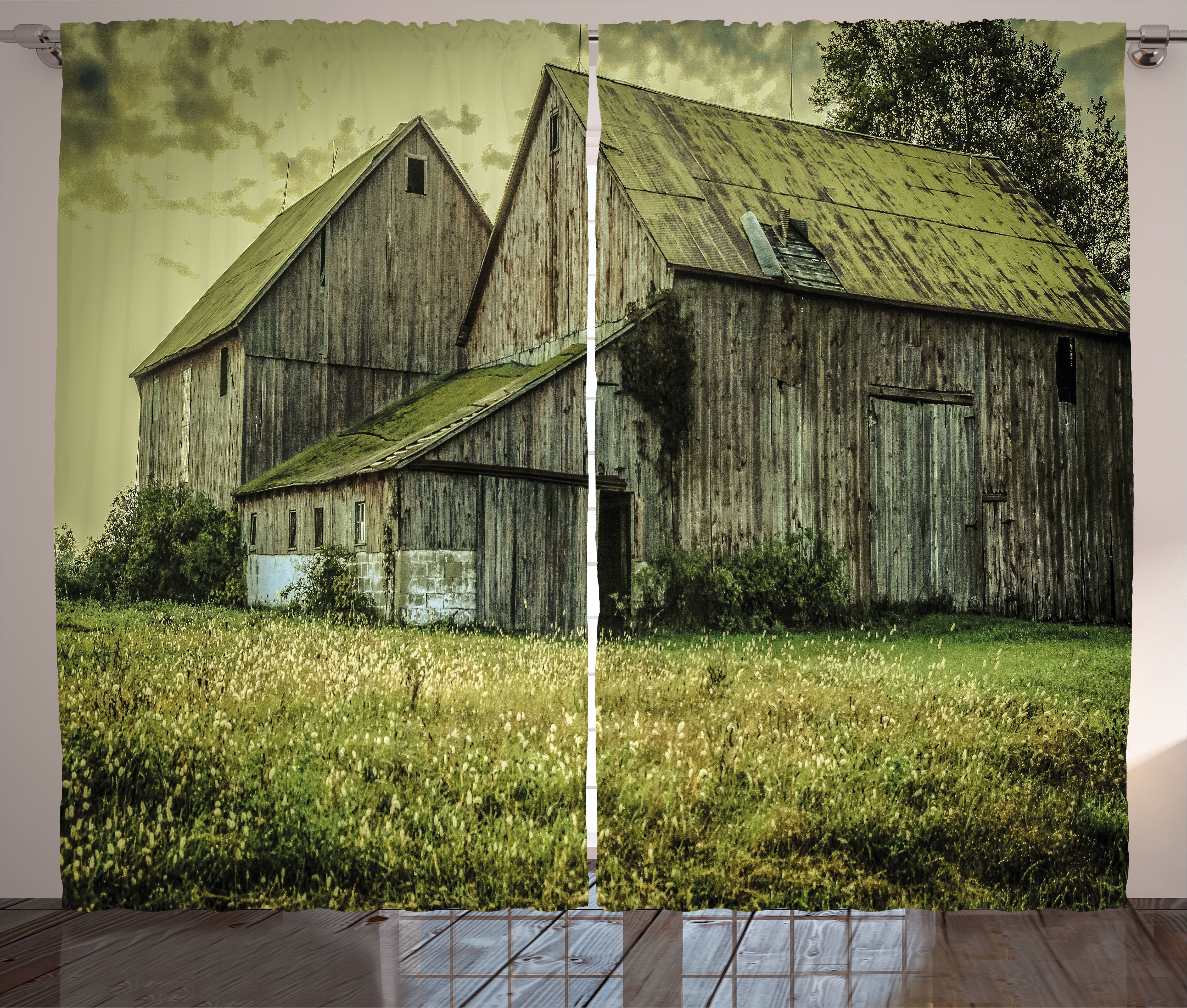 Gardine Schlafzimmer Kräuselband Vorhang mit Schlaufen und Haken, Abakuhaus, Bunt Amerikanische Farmer Barn