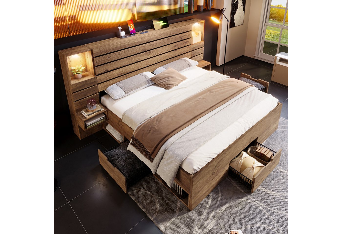 Ulife Stauraumbett aus Holz, mit LED, USB/Type-C, Doppelbett 180/160×200cm (1-tlg., Ohne Matratze), Schwebende Nachttische, LED-Nische & 3 Schubladen. Stabilität 180x200.
