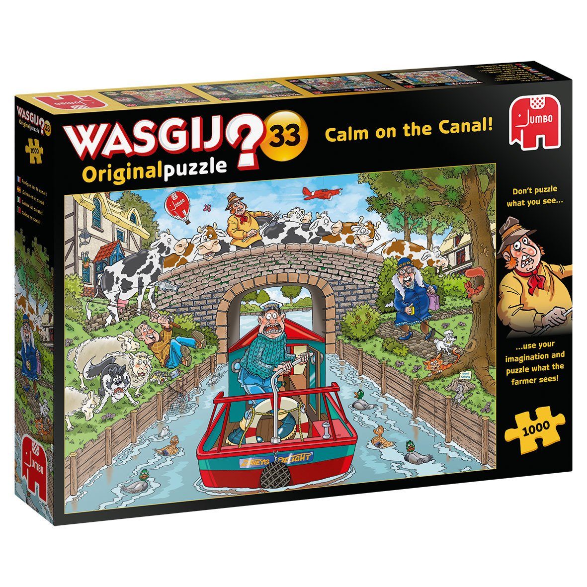 Puzzle Wasgij Original 33 Ruhige Fahrt auf dem Kanal, 1000 Puzzleteile, Puzzeln Sie, was der Farmer sieht.