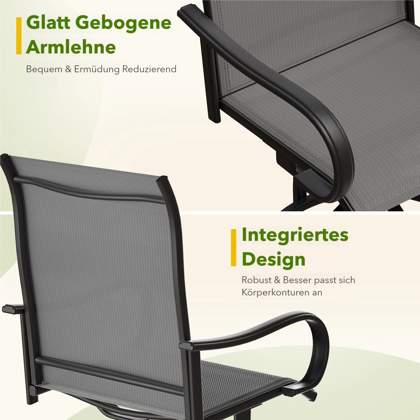 TLGREEN Gartenstuhl 360° drehbar, 2er Set Vollstahl-Teslin-Drehstuhl, (Wetterfeste Rostbeständig,bis 150 kg belastbar, 2 St), Für Terrasse Garten Balkon Bistrot – Bild 5 von 5