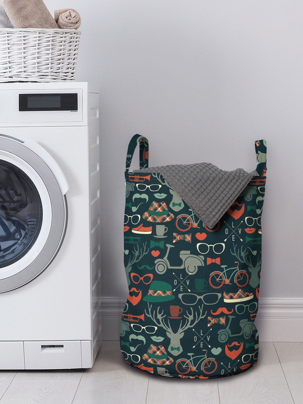 Abakuhaus Wäschesäckchen Wäschekorb mit Waschsalons, Artikel für Hipster Schnurrbart Kordelzugverschluss Caribou Griffen