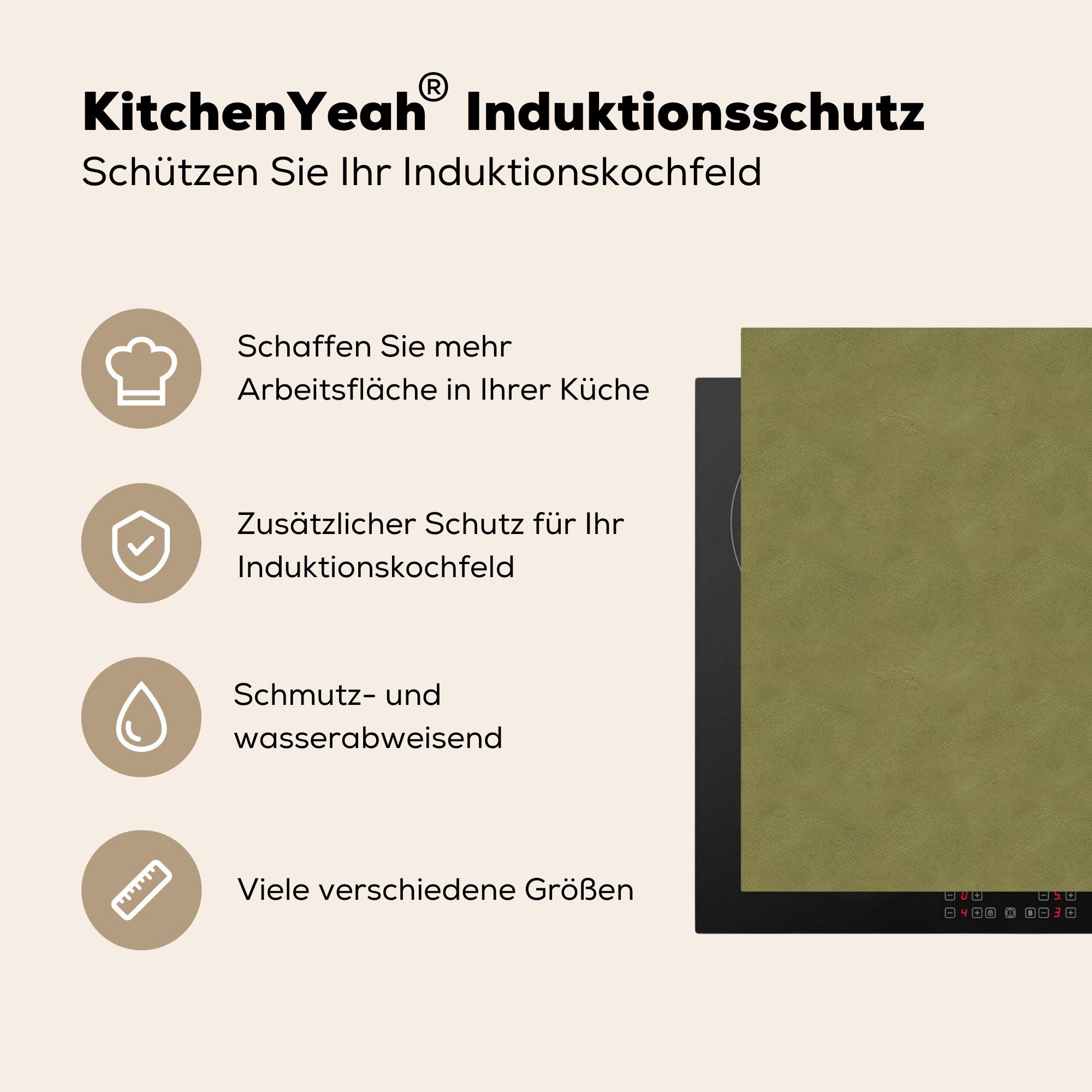 küche für cm, Induktionsschutz Tierhaut, (1 Herdblende-/Abdeckplatte Vinyl, Ceranfeldabdeckung, - Textur MuchoWow tlg), 78x78 Arbeitsplatte - Leder -