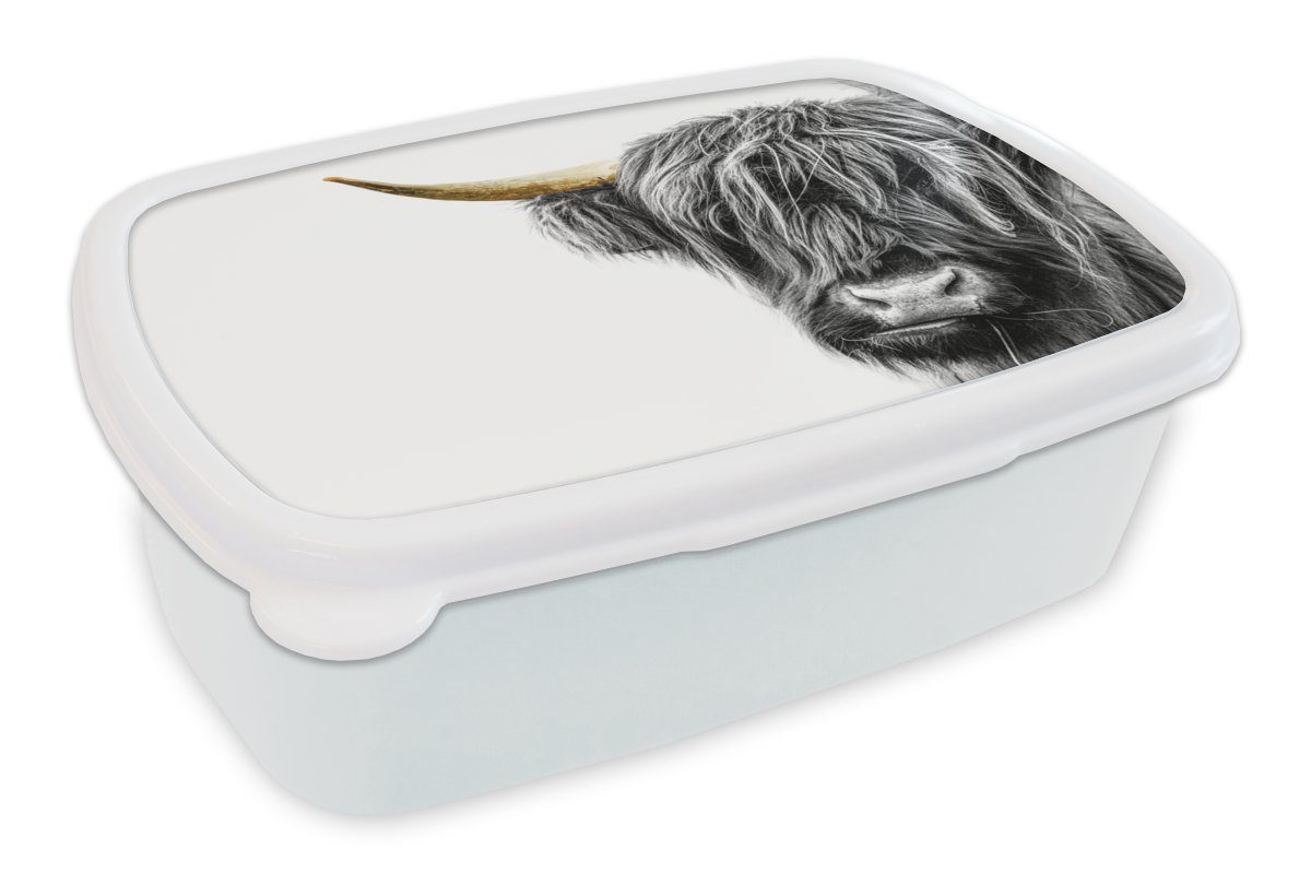 MuchoWow Lunchbox Scottish Highlander Mädchen für & für Gold, und Erwachsene, (2-tlg), Brotbox Jungs Schwarz Weiß und Kinder Brotdose, - - Kunststoff