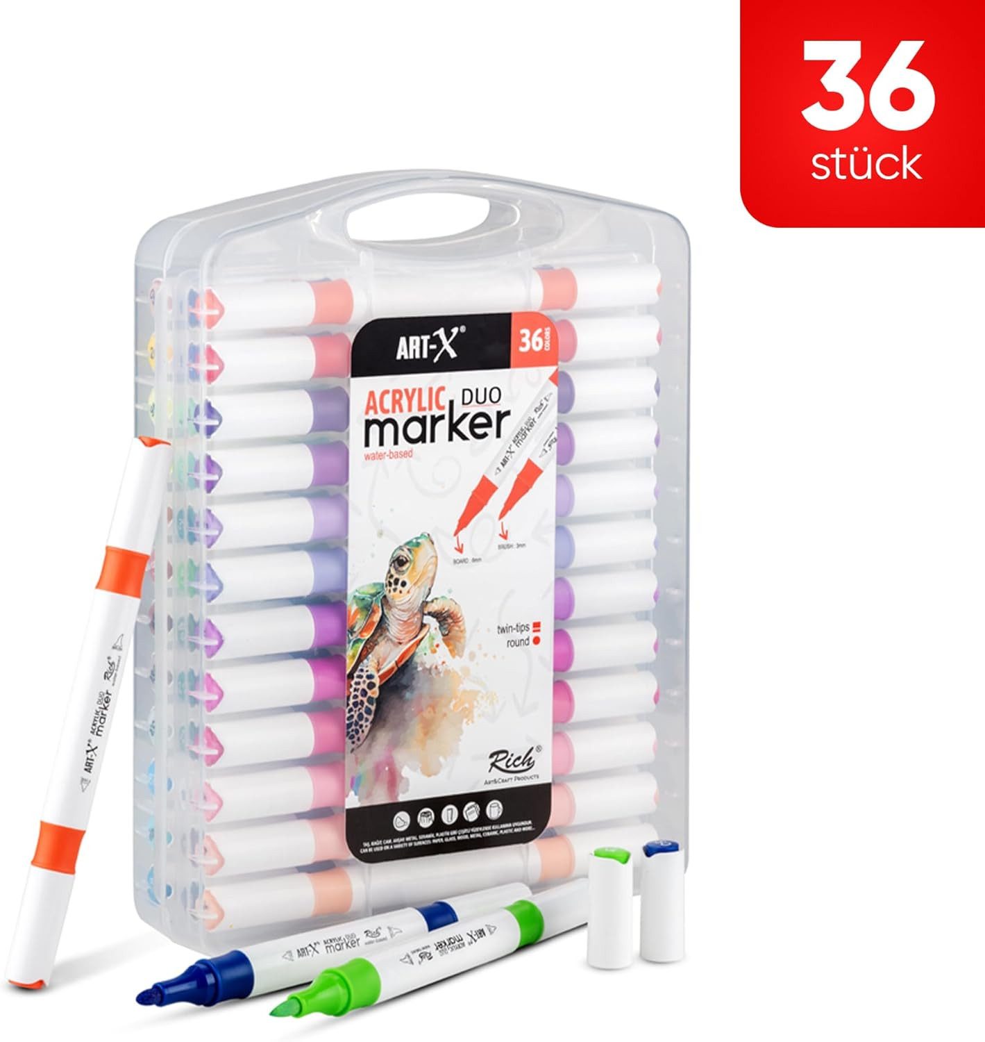 ART-X Marker Acryl Marker Set - 36 Farben, Doppelspitzen, Für Profis & Künstler, (Doppelspitzen-Marker-Set, 36 Farben, doppelseitig mit feiner und breiter Spitze), Wasserbasis, Ungiftig, Schnelltrocknend, Doppelseitig