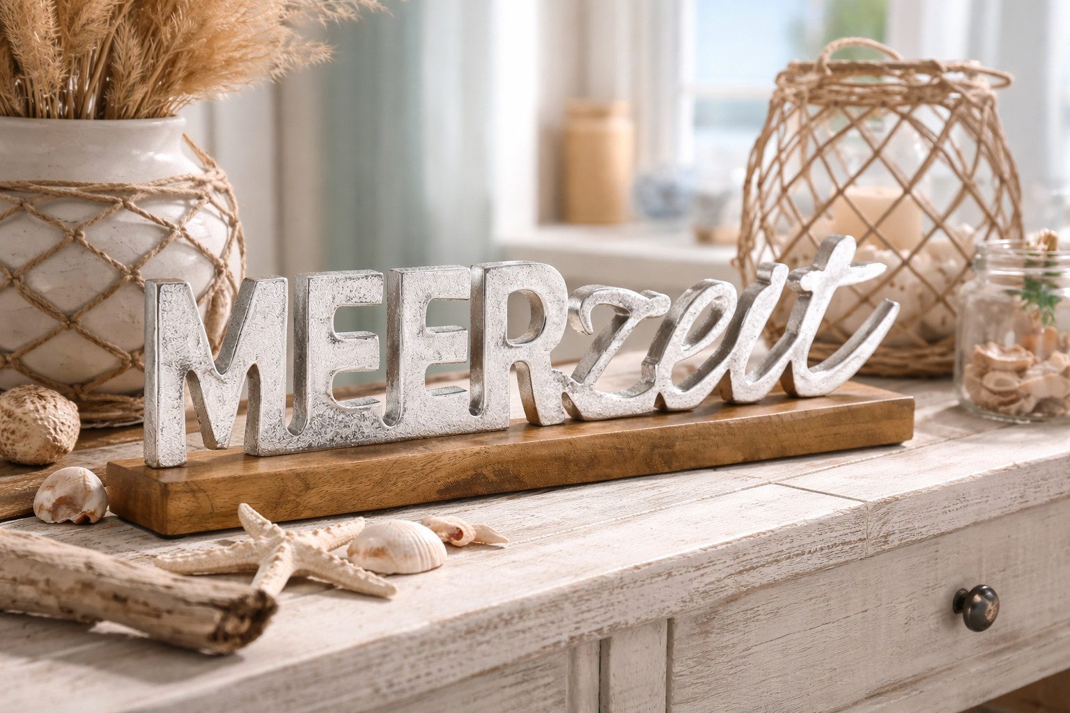 GILDE Dekoobjekt Meeresglanz Meerzeit Schriftzug Mango Holz Aluminium 48 cm Maritim