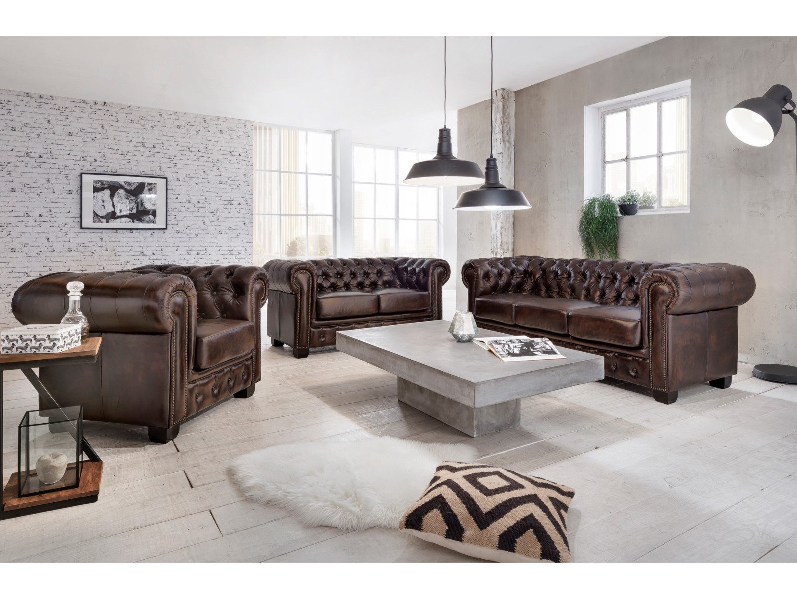 massivum Chesterfield-Sofa 3-Sitzer Echtleder braun