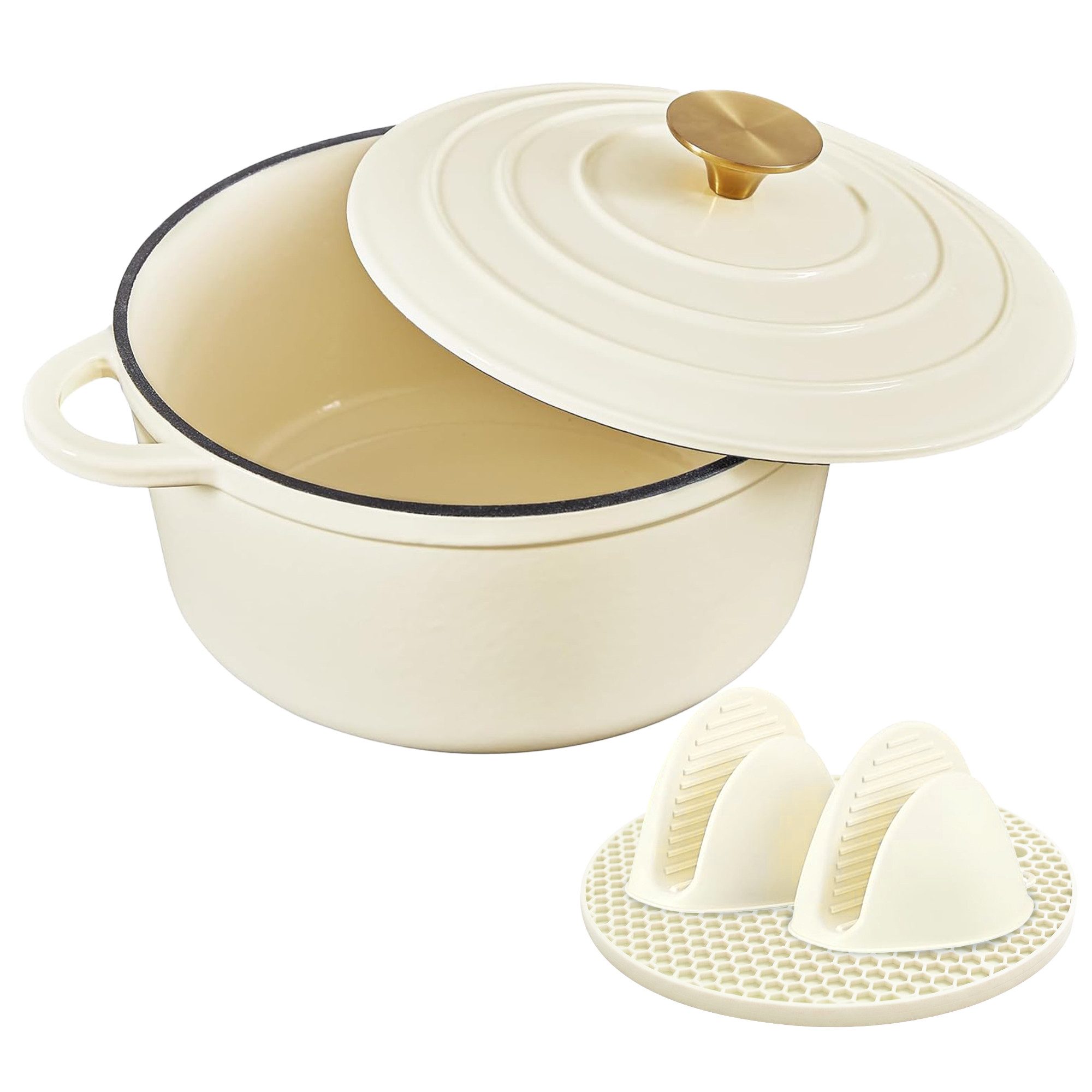 Zedelmaier Bräter Gusseisen Topf 22/24/26cm Incl. Silikon Topflappen Topfuntersetzer, (Set, 1 Pot mit 1 lid, 2 Ofenhandschuhe, 1 Topfuntersetzer), Backofengeeignet Induktionsgeeignet Zum Braten, Schmoren, Kochen