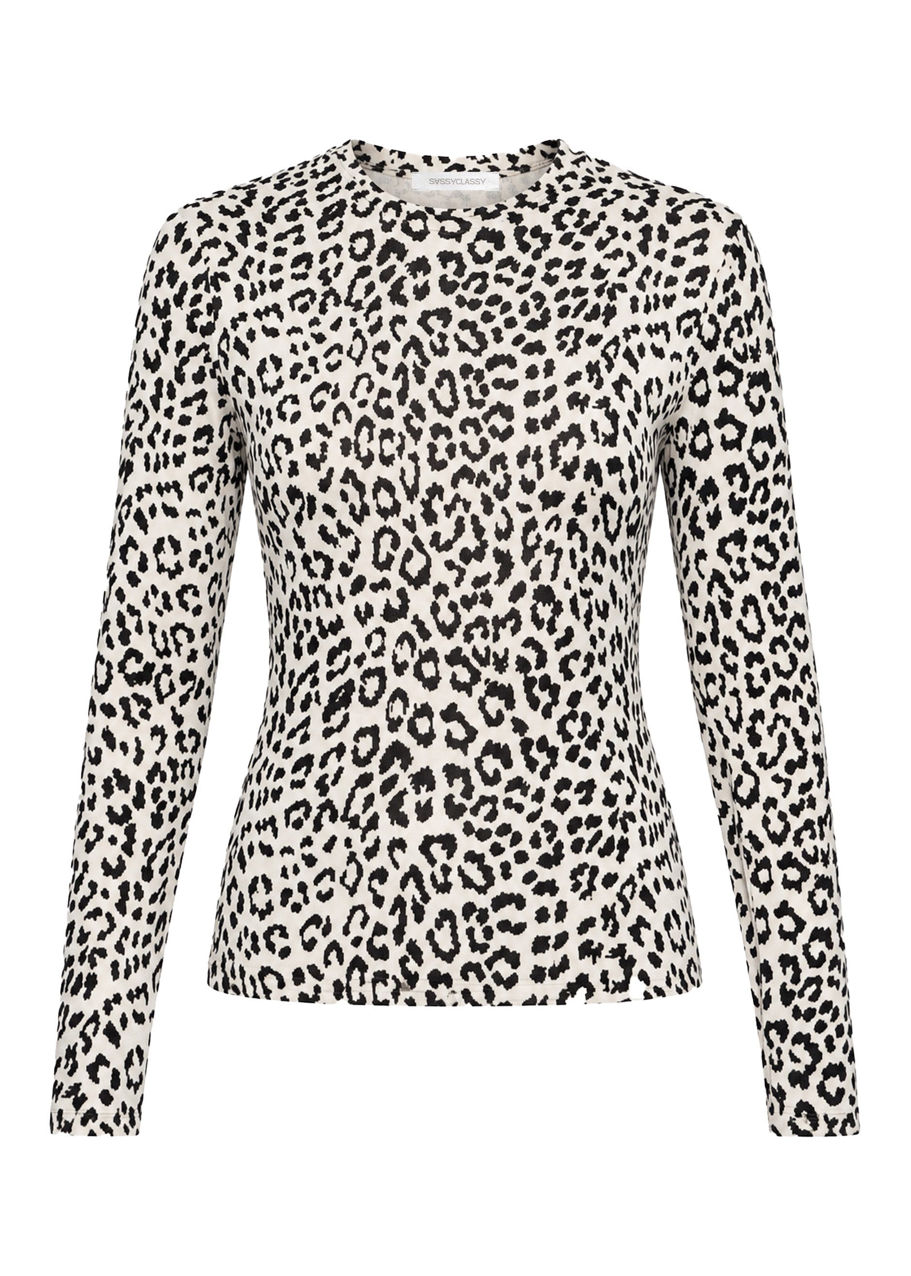 SASSYCLASSY Langarmshirt Rundhalsshirt mit Leo-Print für Damen Körpernah geschnittenes Shirt mit Rundhals und Animalprint in Beige – Bild 2 von 5