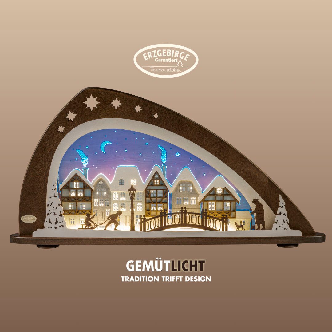 Weigla Lichterbogen LED Winter mit Altstadt,Schwibbogen aus Holz&Acrylglas,Made in Germany (1-tlg), Erzgebirge garantiert, Weihnachtsdeko Innen, Weihnachtsbeleuchtung