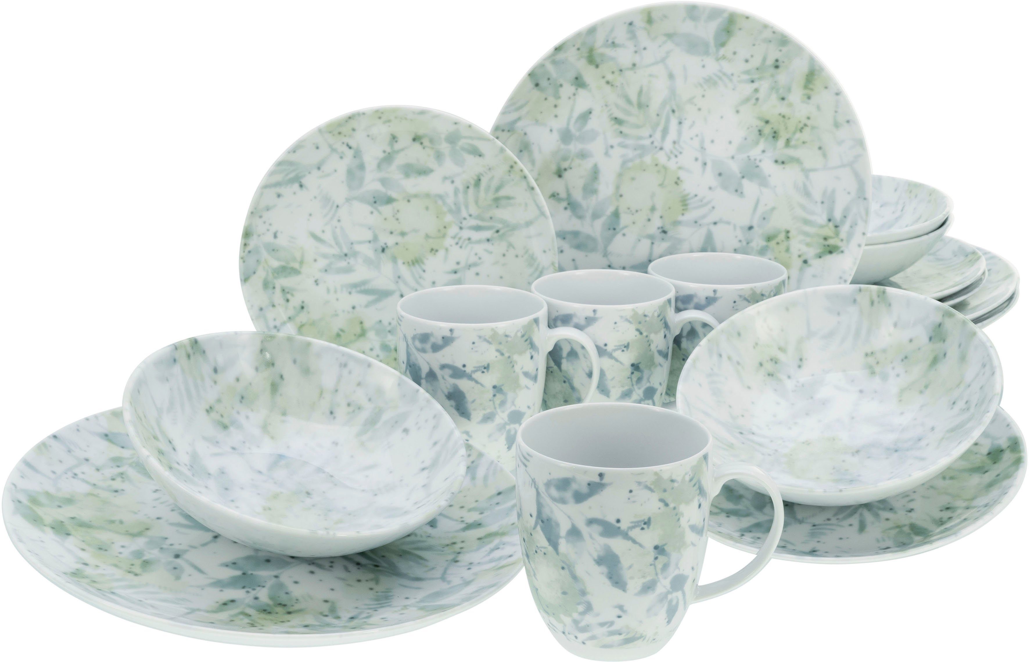 CreaTable Kombiservice Geschirr-Set Home - Tropical (16-tlg), 4 Personen, Porzellan, Service, im Used-und Vintage-Look, 16 Teile, für 4 Personen | Geschirr-Sets