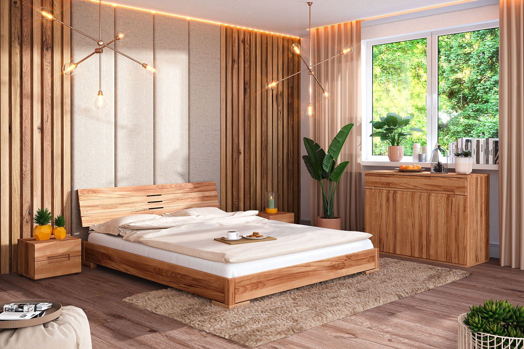 byoak Bett VENTO E-2 140 x 220 aus Massivholz, mit Holzkopfteil, Naturgeölt
