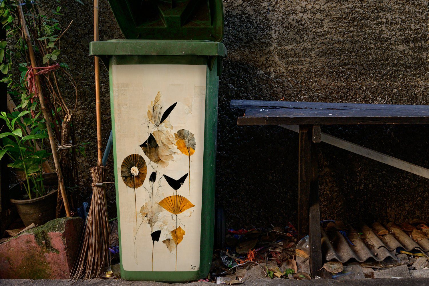 Vintage Blumen MuchoWow Container, - Mülltonne, St), (1 Mülleimer-aufkleber, Pflanzen - Sticker, Abfalbehälter Wandsticker Gold -