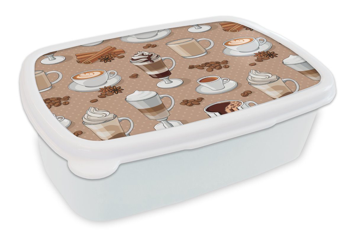 MuchoWow Lunchbox Muster - Kaffee - Cappuccino - Schokolade, Kunststoff, (2-tlg), Brotbox für Kinder und Erwachsene, Brotdose, für Jungs und Mädchen weiß | Lunchboxen