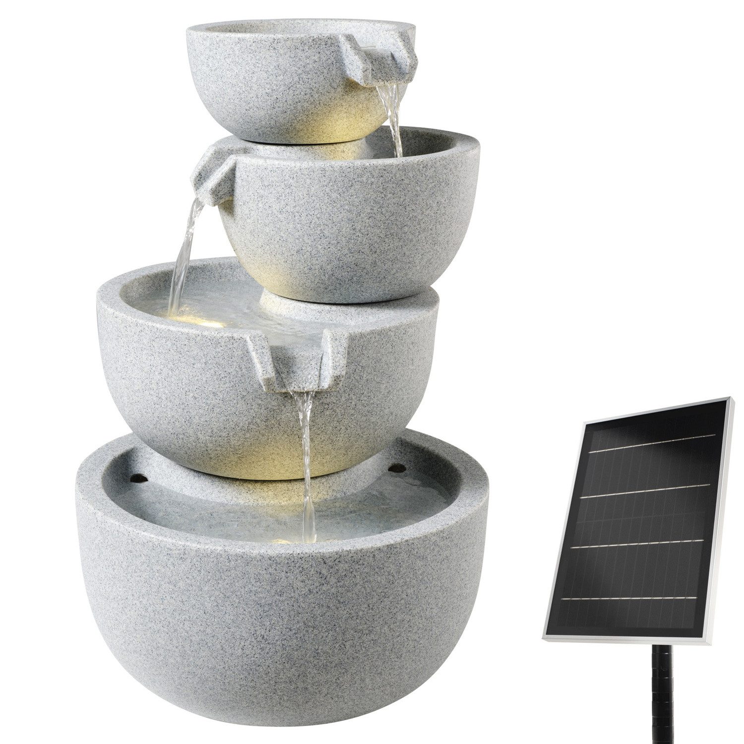 MARELIDA Gartenbrunnen LED Gartenbrunnen Outdoor Schalenbrunnen 3 Kaskaden Solar, 46 cm Breite, Wasserbecken BxT: 46x46 cm