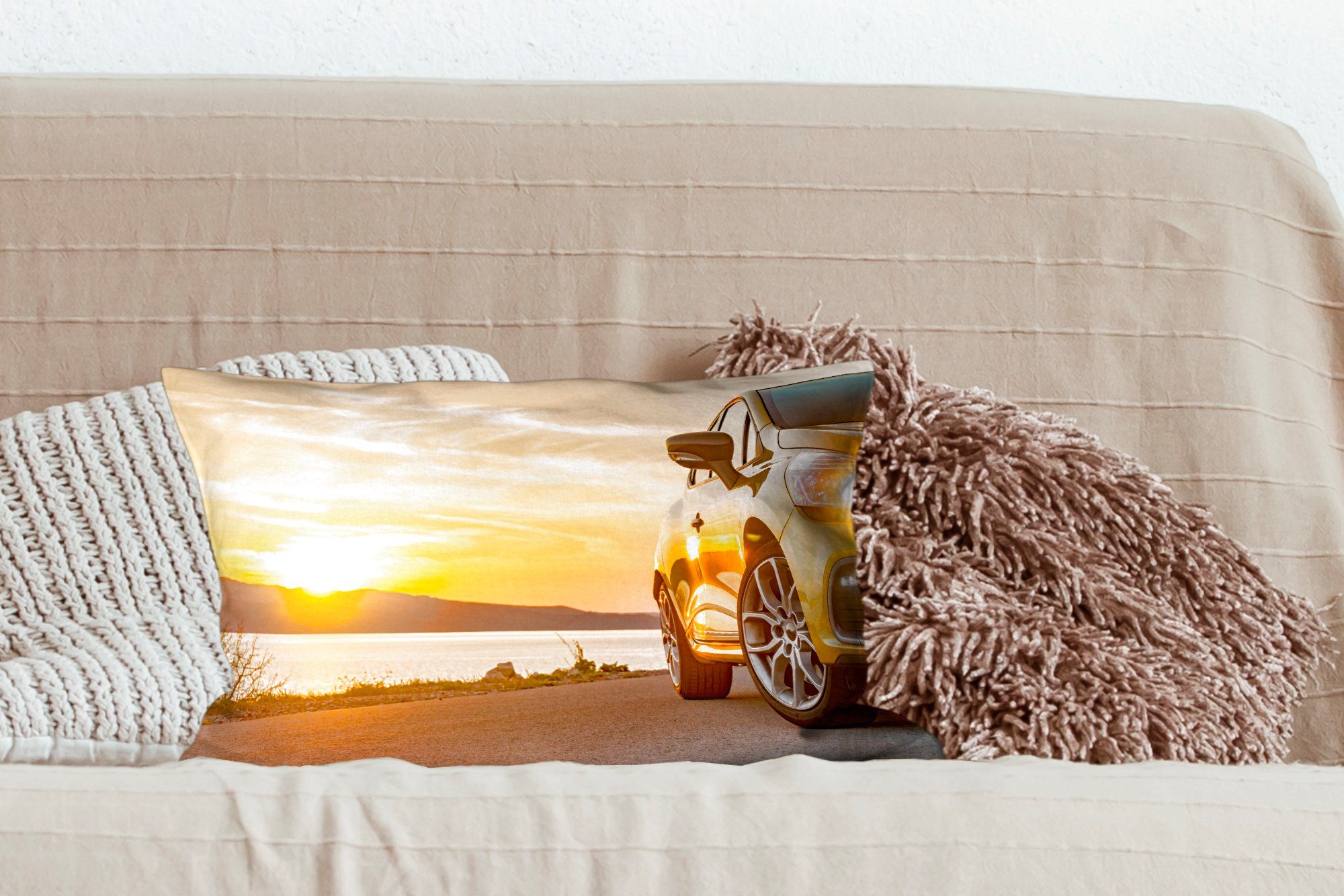 Zierkissen, Dekoration, Dekokissen - Dekokissen Strand MuchoWow Schlafzimmer Auto mit - Sonne, Wohzimmer Füllung,