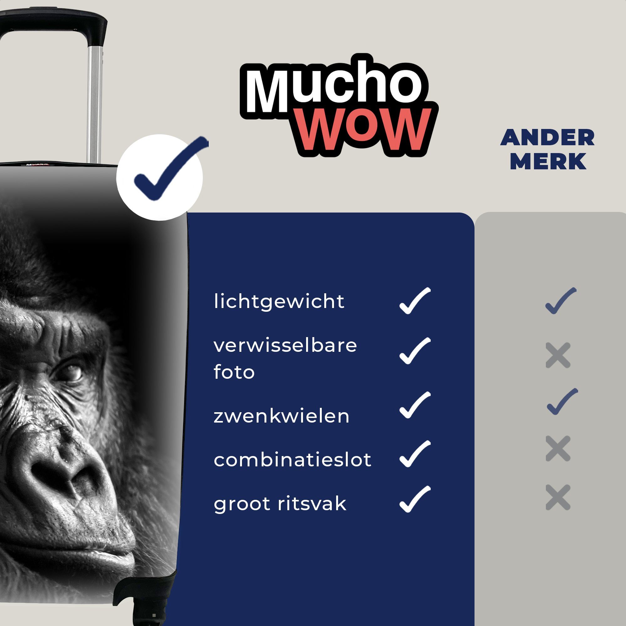 MuchoWow Handgepäckkoffer Gorilla - Schwarz Ferien, Reisekoffer Porträt, Weiß Affe - Handgepäck Reisetasche - Trolley, - für rollen, 4 Rollen, mit