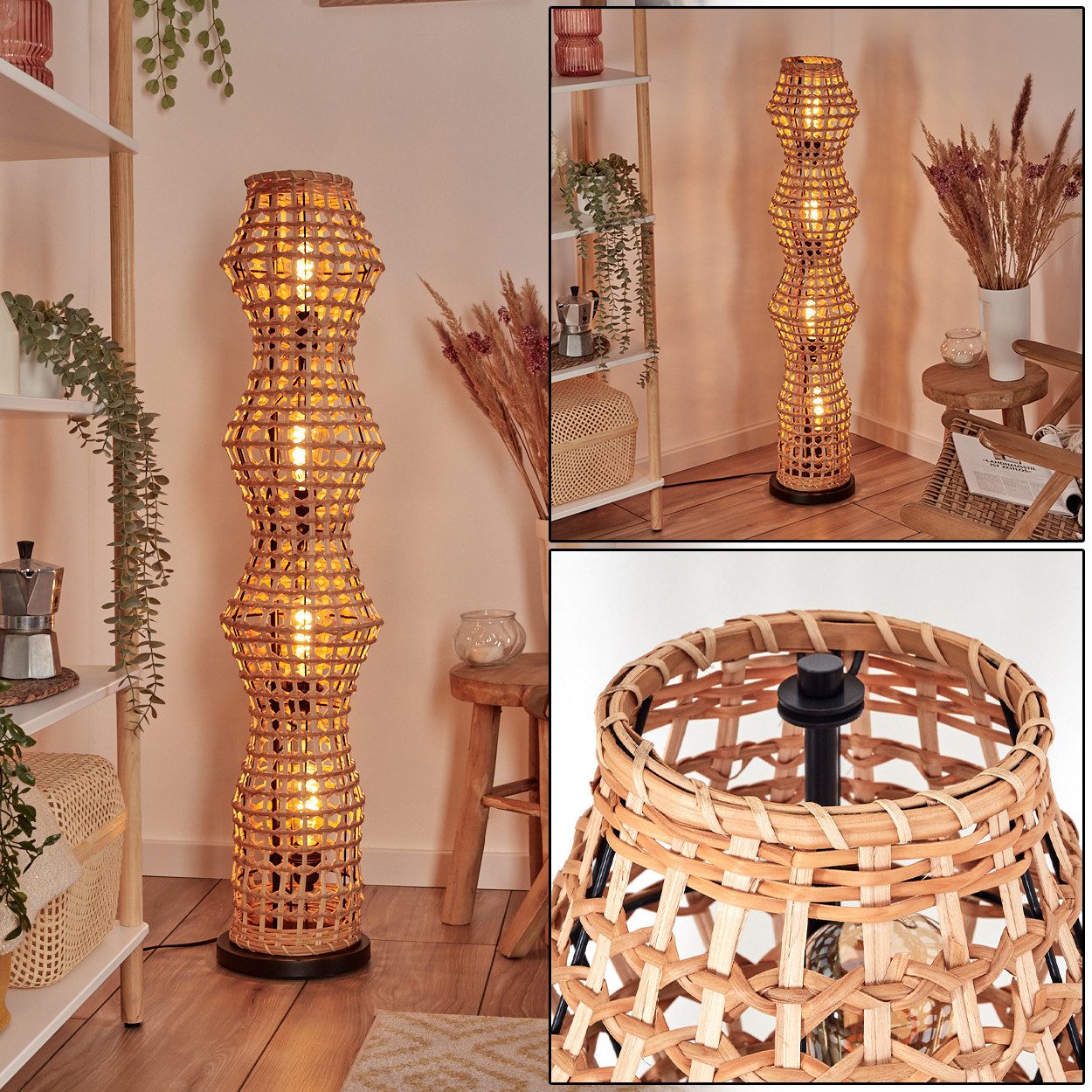Stehlampe Stehlampe im skandinavischen Design mit Schirm aus Rattan in Natur