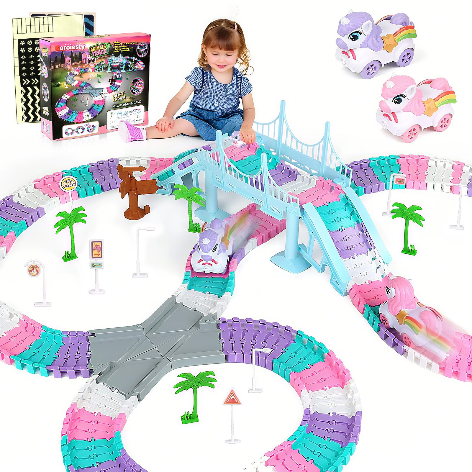 Coroiesty Autorennbahn Einhorn-Rennbahn: Leuchtend, flexibel, DIY, Kinder-Geschenk ab 3 Jahre, (Set), Flexible Schienen, Einhorn-Autos