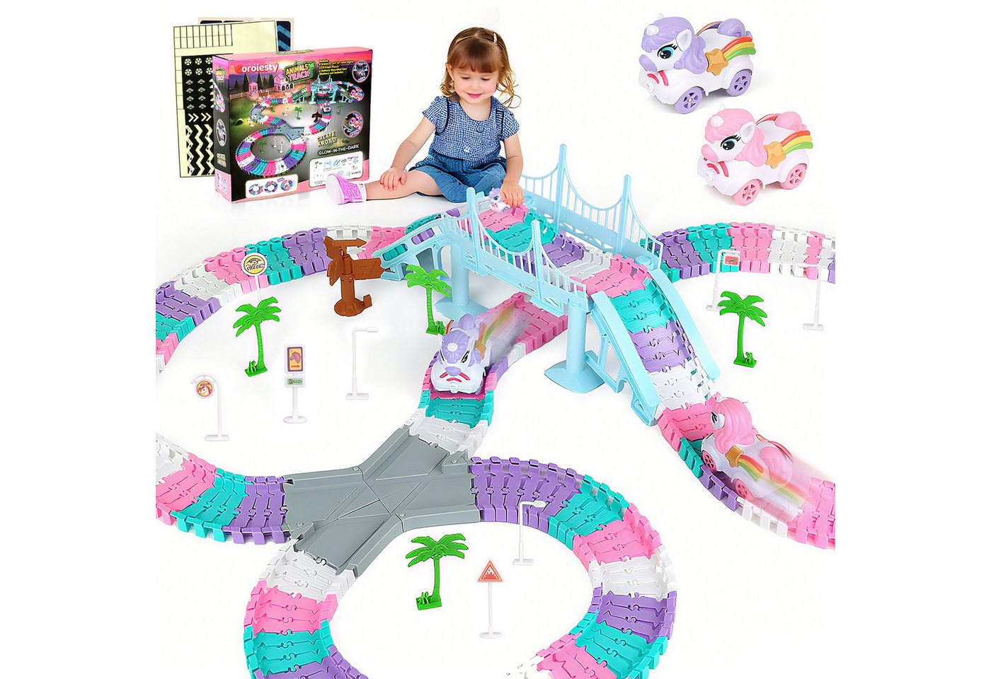 Coroiesty Autorennbahn Einhorn-Rennbahn: Leuchtend, flexibel, DIY, Kinder-Geschenk ab 3 Jahre, (Set), Flexible Schienen, Einhorn-Autos