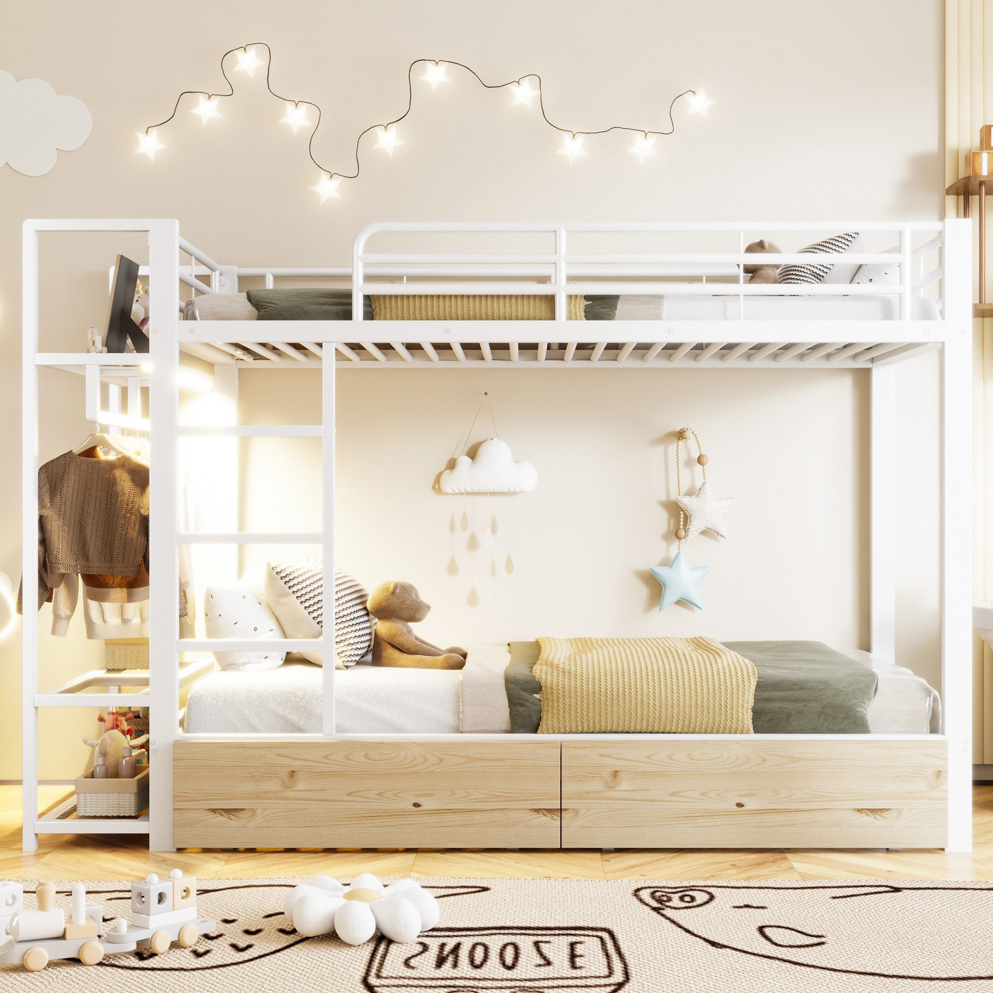 Merax Etagenbett mit LED Lichtleiste (Metallbett Jugendbett Stockbett Doppelbett mit Eisenrahmen, 1-St), Kinderbett 90x200cm mit Kleiderstange, 2 Schubladen & Ablageflächen