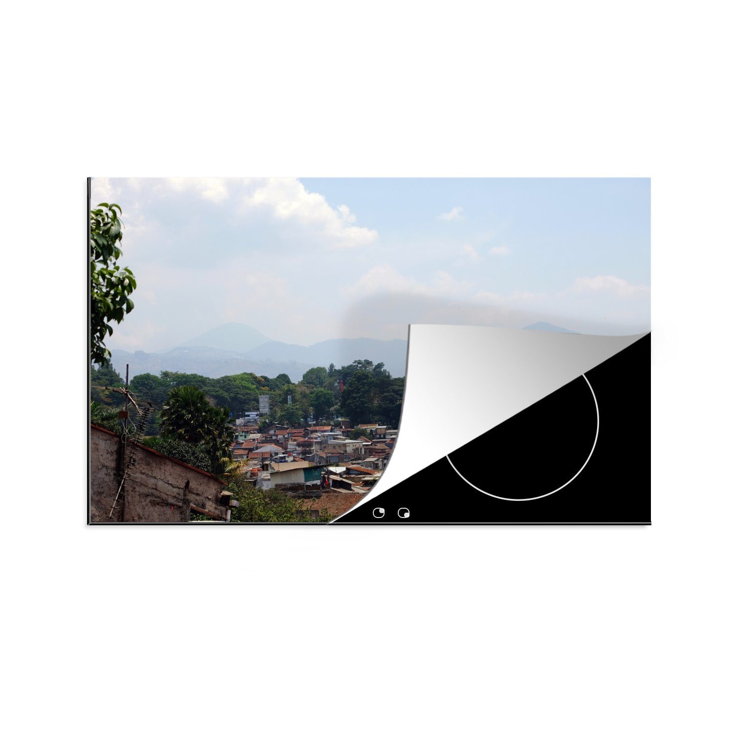 MuchoWow Herdblende-/Abdeckplatte Luftaufnahme von Bandung im asiatischen Indonesien, Vinyl, (1 tlg), 81x52 cm, Induktionskochfeld Schutz für die küche, Ceranfeldabdeckung
