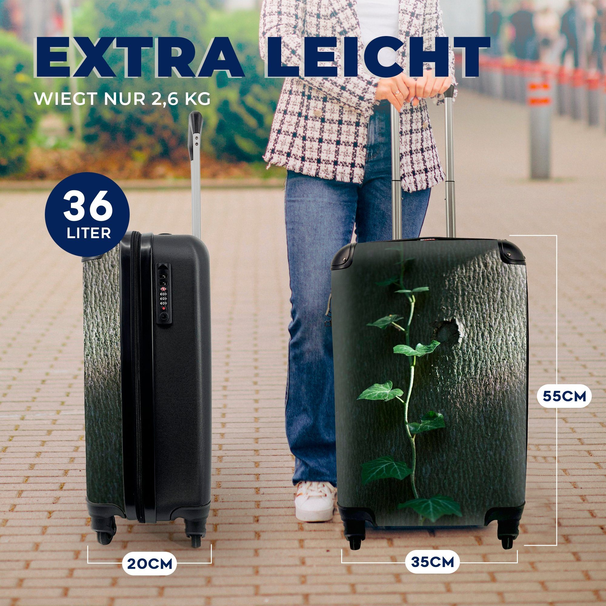 MuchoWow Handgepäckkoffer Eine einen rollen, mit Reisetasche Ferien, Reisekoffer Baum, Rollen, 4 Trolley, junge Handgepäck für auf klettert Hedera