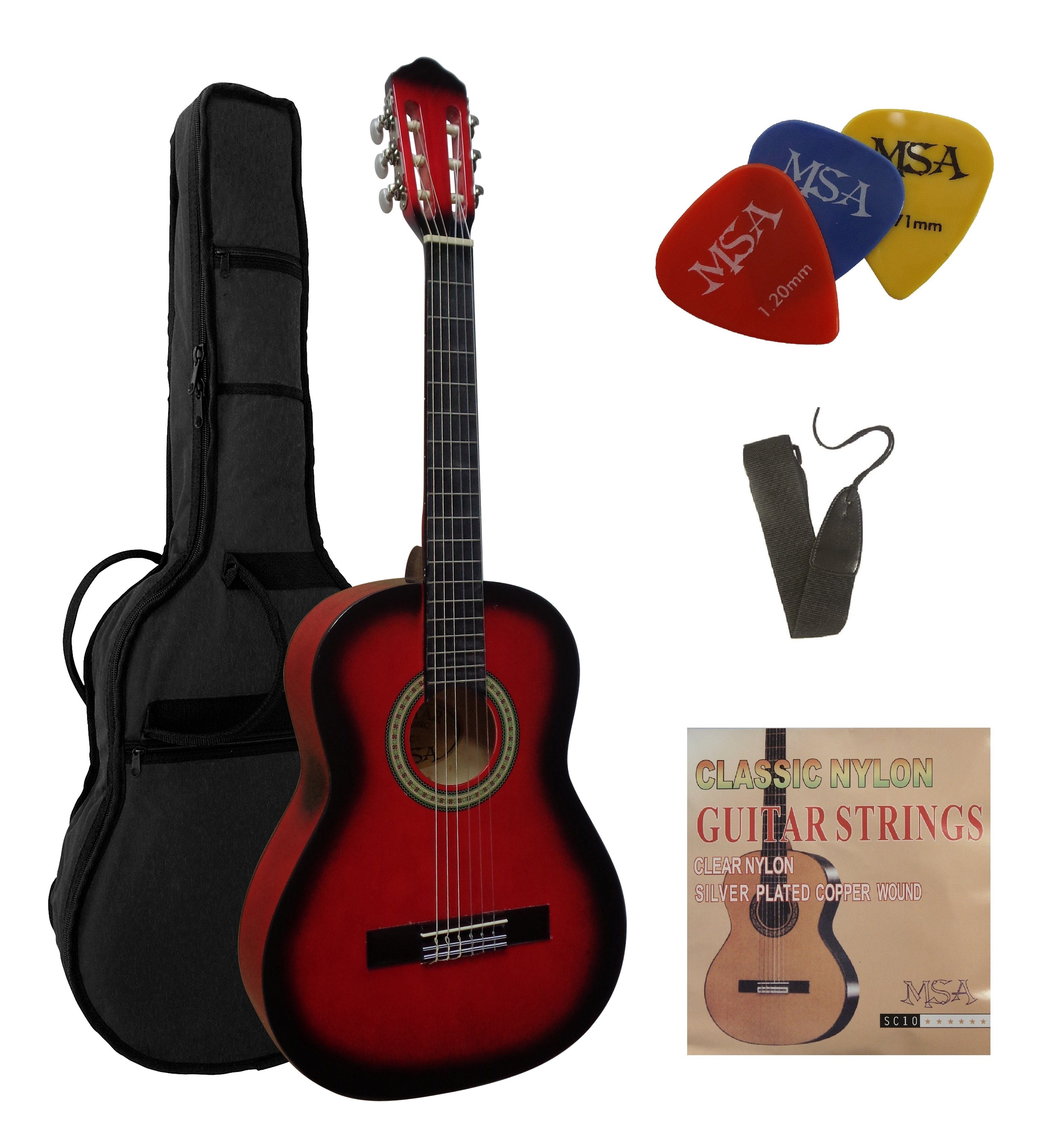 MSA Akustikgitarre J, Konzertgitarre Junior im Set mit Tasche, Band, Nylonsaiten, 3x Pleks