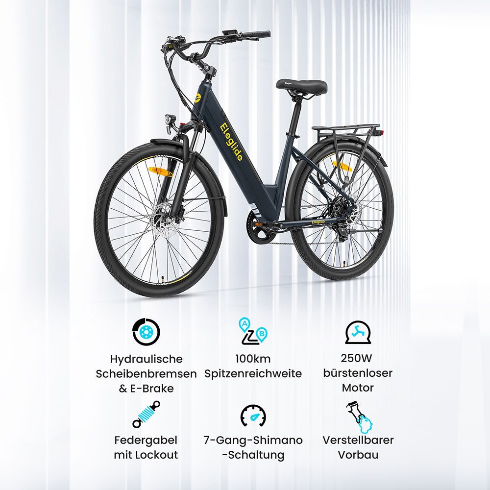 Eleglide E-Bike Trekkingrad T2, 7 Gang Shimano, Kettenschaltung, Heckmotor, 468 Wh, 27.5"x17.5", 12/15/18/21/25 km/h, 36V, 13Ah, 100km