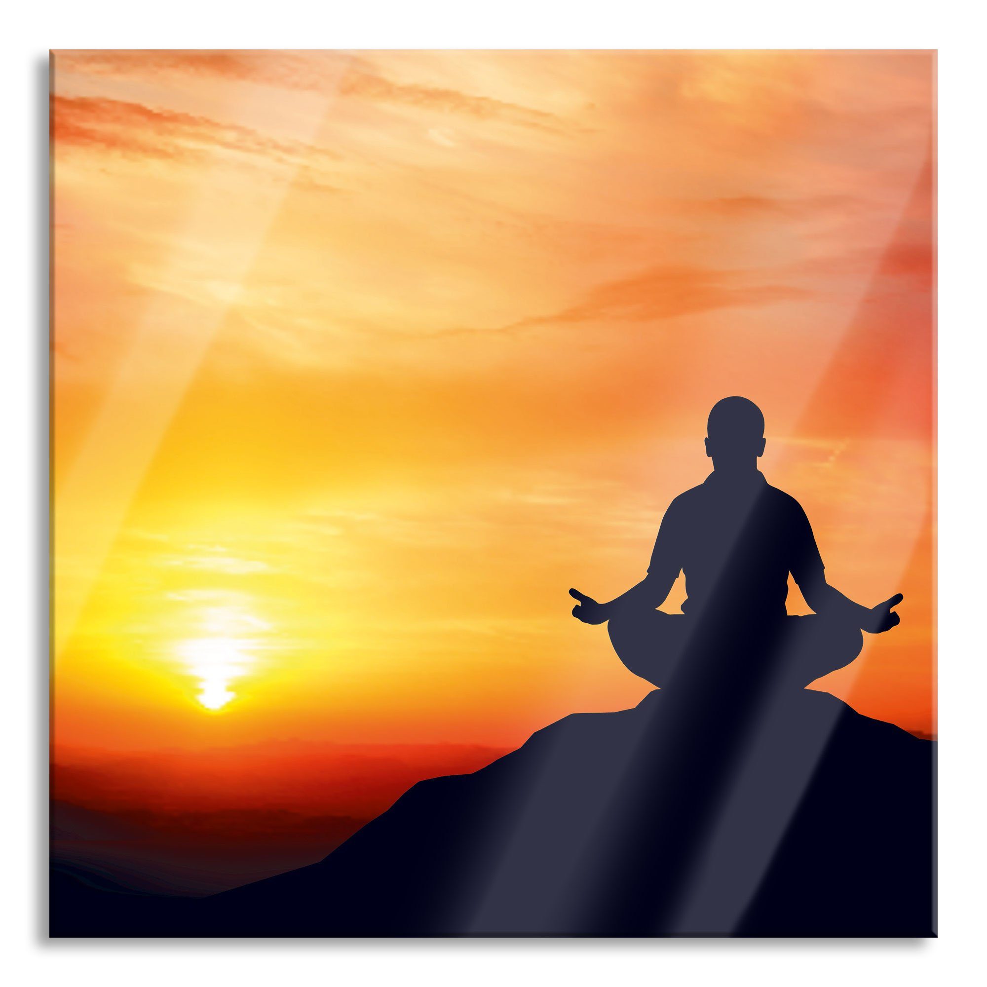 aus Echtglas, Abstandshalter St), Glasbild Meditation inkl. Aufhängungen Meditation und (1 Pixxprint Sonnenuntergang Glasbild Sonnenuntergang, im im