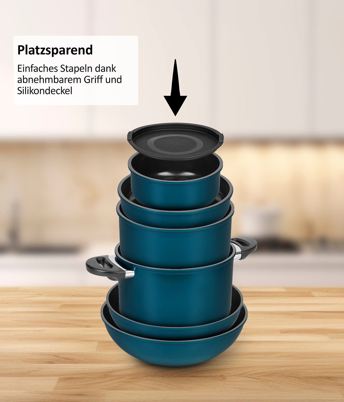 Genius Pfannen-Set Kelton 31 tlg, Kochgeschirr, inklusive Clia Genie Schwämmen, (Großes Koch-Set, 31 tlg), Platzsparendes Design mit abnehmbarem Griff & stapelb – Bild 3 von 5