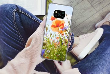MuchoWow Handyhülle Blumen - Mohn - Frühling - Natur - Rot - Blau, Phone Case, Handyhülle Poco X3 Pro, Silikon, Schutzhülle