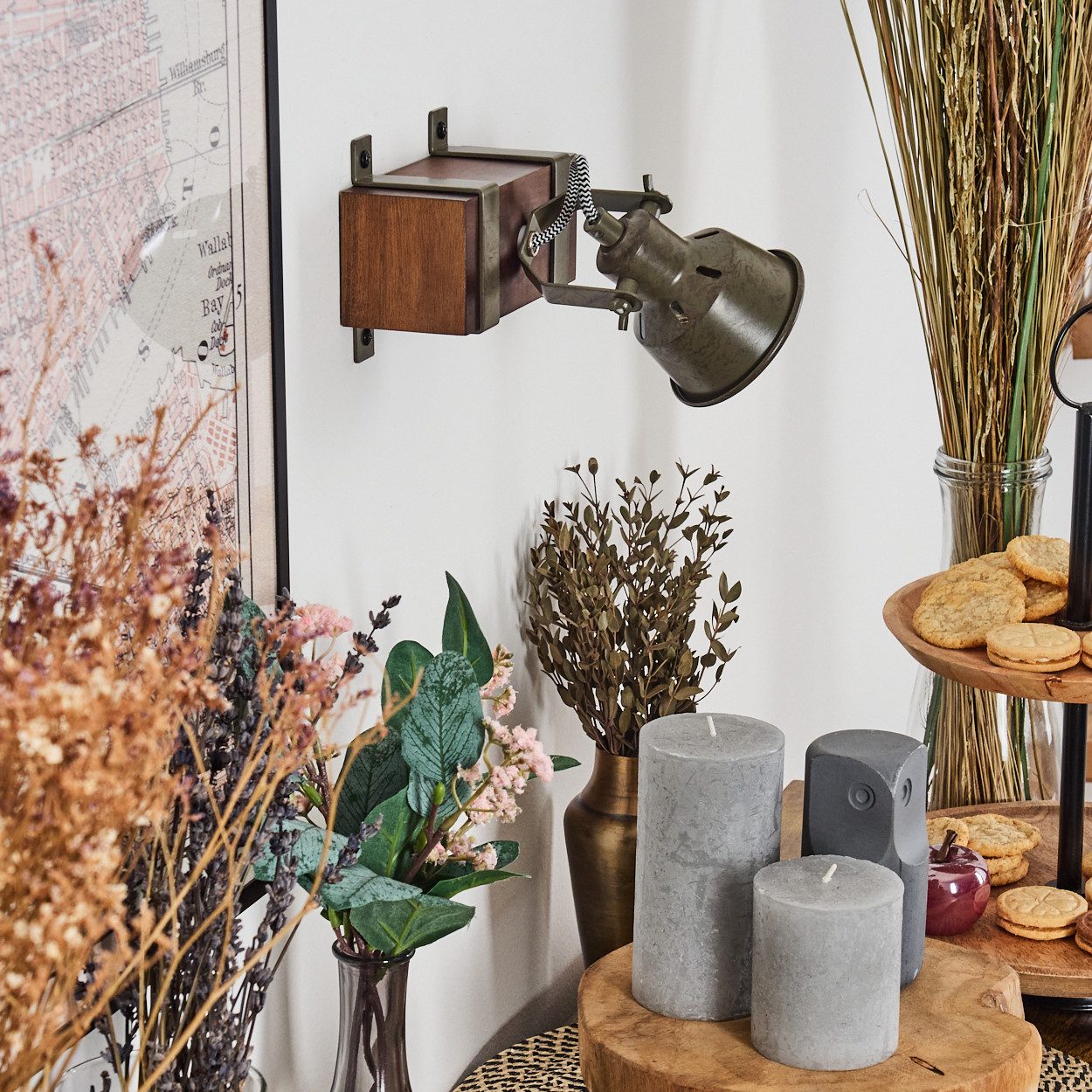 hofstein Wandleuchte Wandlampe aus Metall/Holz in Grün/Grau/Dunkelbraun, ohne Leuchtmittel, Leuchte mit verstellbaren Strahlern 1 x GU10, ohne Leuchtmittel