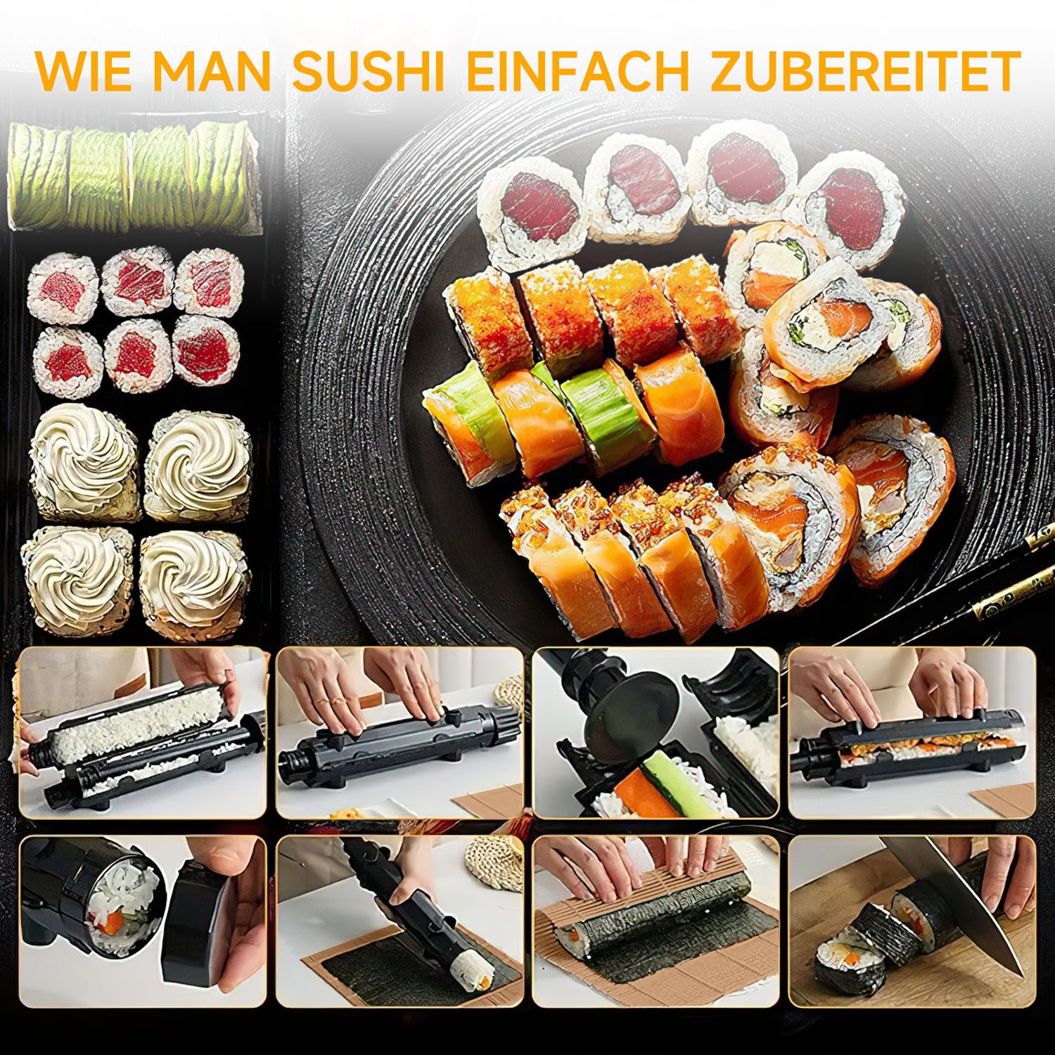 SURFOU Sushiteller Sushi Maker Set 20 Stück Sushi Kit mit matte Bazooka, mit Messer Essstäbchen Avocadoschneiderr Geschmacksgericht