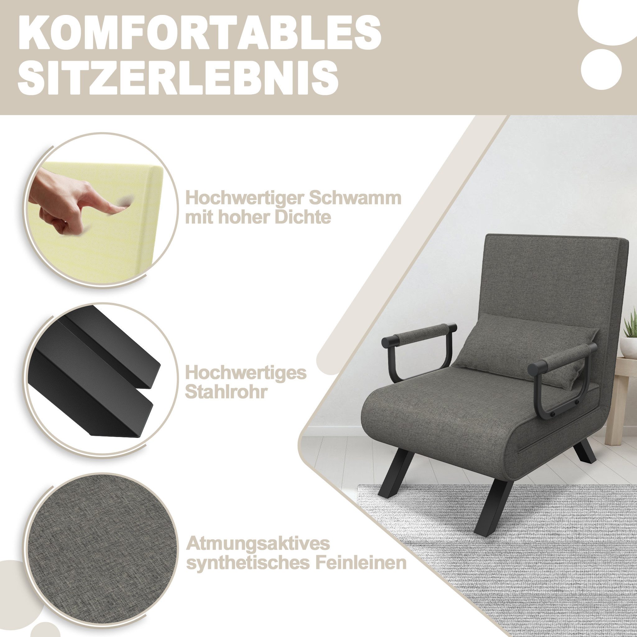 FIVMEN Sessel 3 in 1 Schlafsessel Schlafsofa Klappbares mit Bettfunktion, Klappsessel mit Verstellbare Rückenlehne Sofabett Gästebettfür – Bild 5 von 5