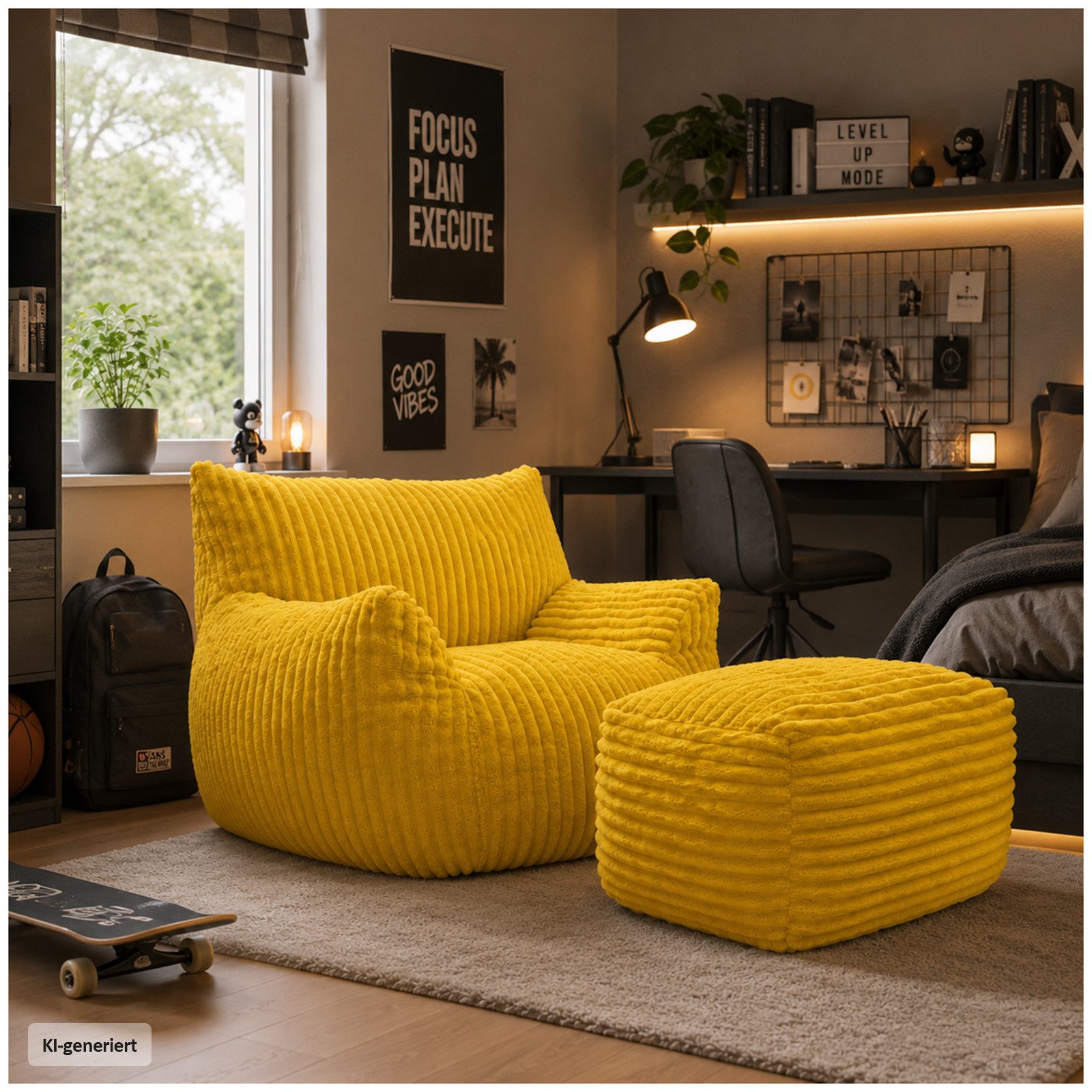 HTI-Living Loungesessel Softsessel Adina mit Hocker Gelb Sitzsack Bodensessel 103 x 70 x 90 cm (Set, 2-St), gemütliche Sitzhöhe