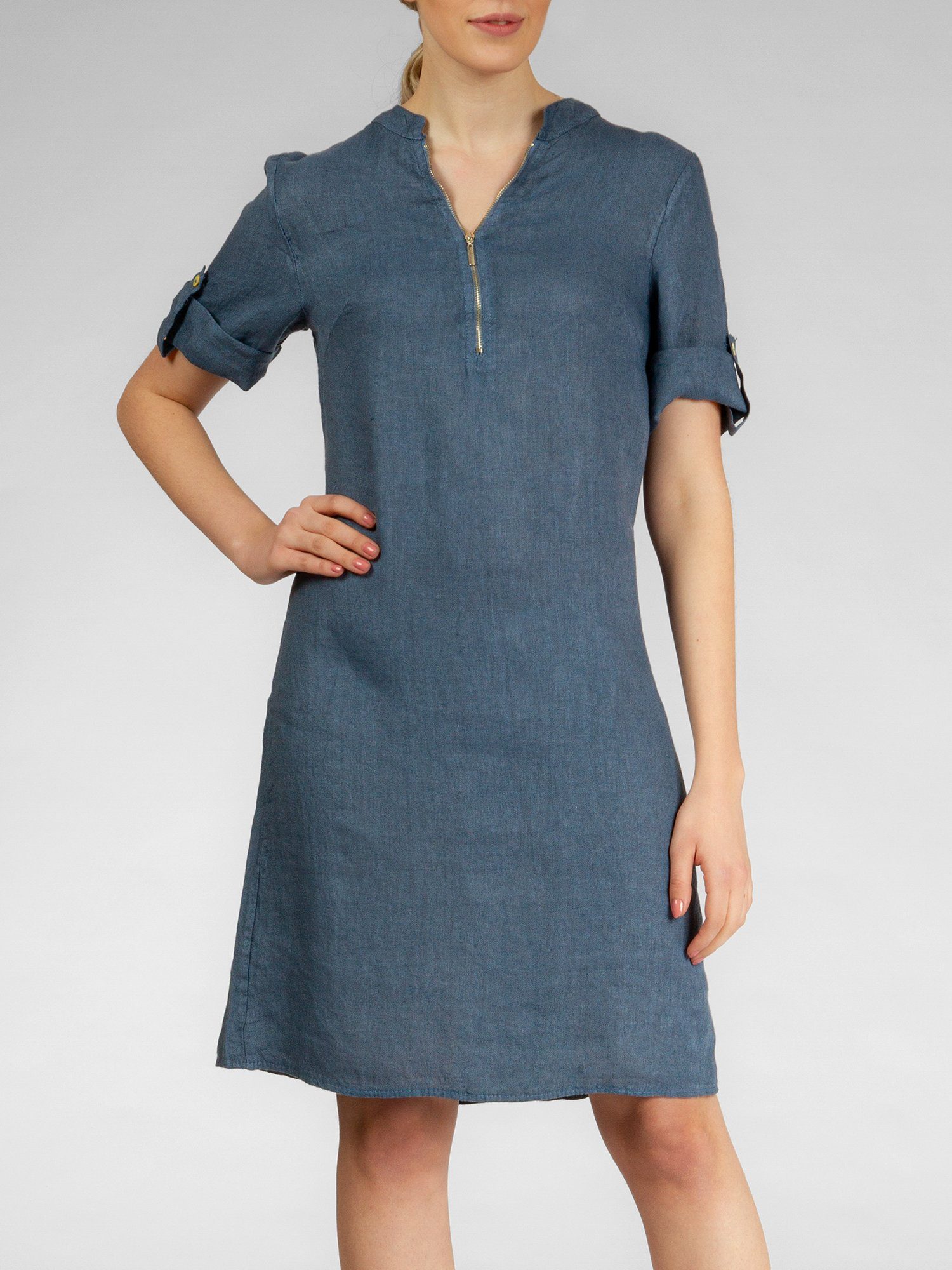 Caspar Sommerkleid SKL037 knielanges Damen Leinenkleid mit Reißverschluss Ausschnitt Luftig leicht, figurumspielende Form, mit seitlichem Jersey-Einsatz