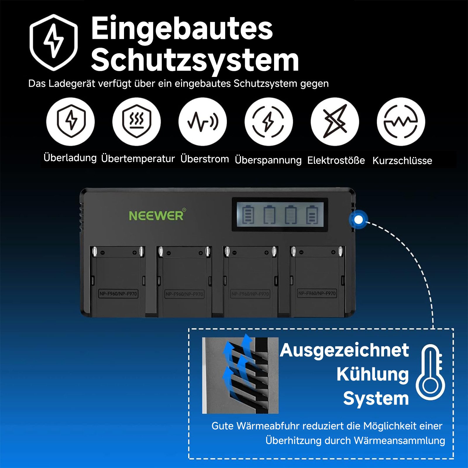 Neewer NP-F970 4er Pack 7,4V 6600mAh Ersatzbatterien, für Feldmonitor Kamera-Akku 6600 mAh, mit 4 Kanaligem Ladegerät und Netzteil, für NP-F970 QM71D Videoleuchte