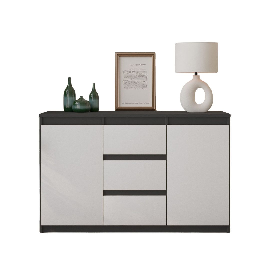 Furnica Kommode Sideboard 3 Schubladen und 2 Türen - Anthrazit Grau H75cm B120cm T35cm