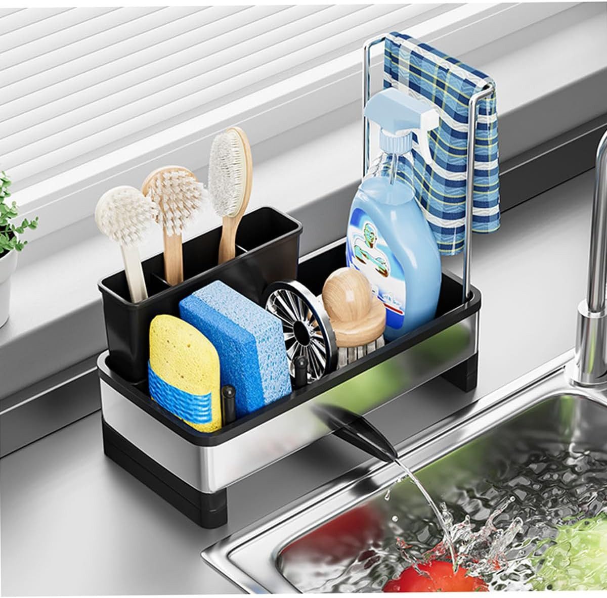 BlingBin Küchenorganizer-Set Spülbecken-Organizer Schwammhalter mit Automatischer Entwässerung, (360° Drehbar Abflussrohr, 1-tlg., 24.5*12.5*21.5CM), Aufbewahrung für Bürsten, Spülmittel, Küchenutensilien