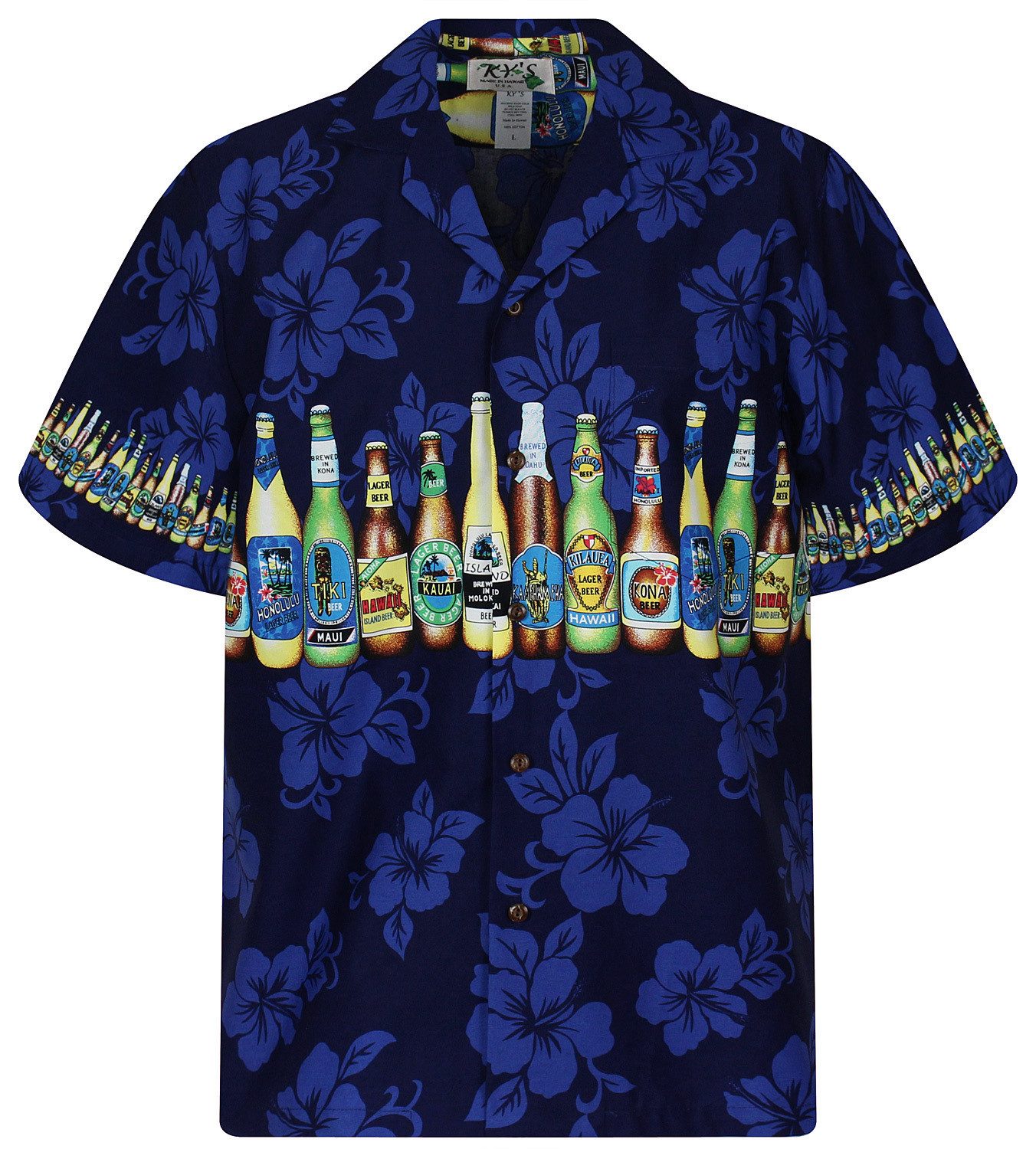 KY's Hawaiihemd Bierflaschen Brustdruck Original Hawaiihemd mit 100% Kokosnuss-Knöpfen