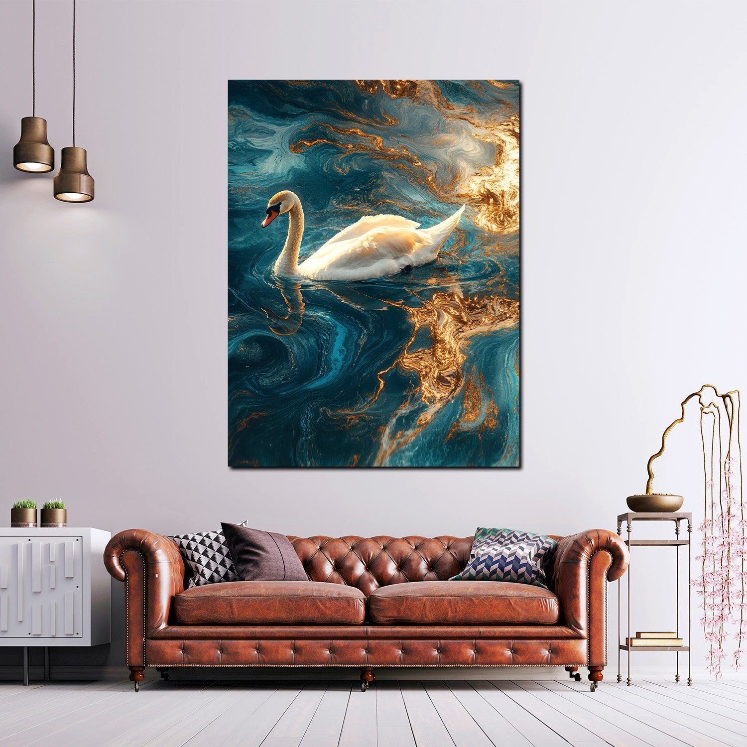 Artedinoi Leinwandbild Edler Schwan auf goldblauem Wasser Leinwandbild Wandbild Kunstdruck Wa, Schwan auf goldblauem Wasser