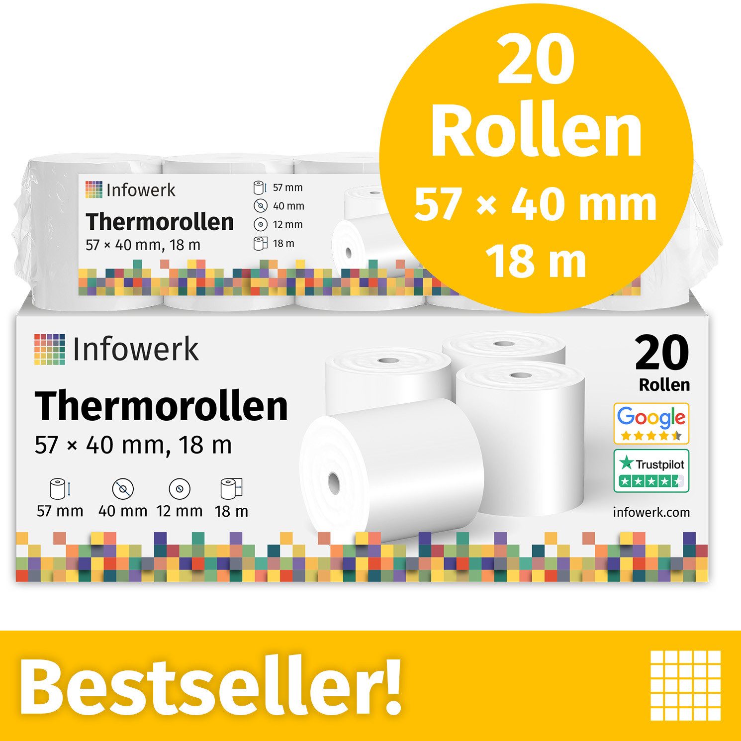 Infowerk Endlospapier Thermorollen, 57 x 40 x 12mm, 18m, PEFC, Für EPSON, IBM, u.v.m., PEFC-Zertifikat (GFA-PEFC-COC-500582)