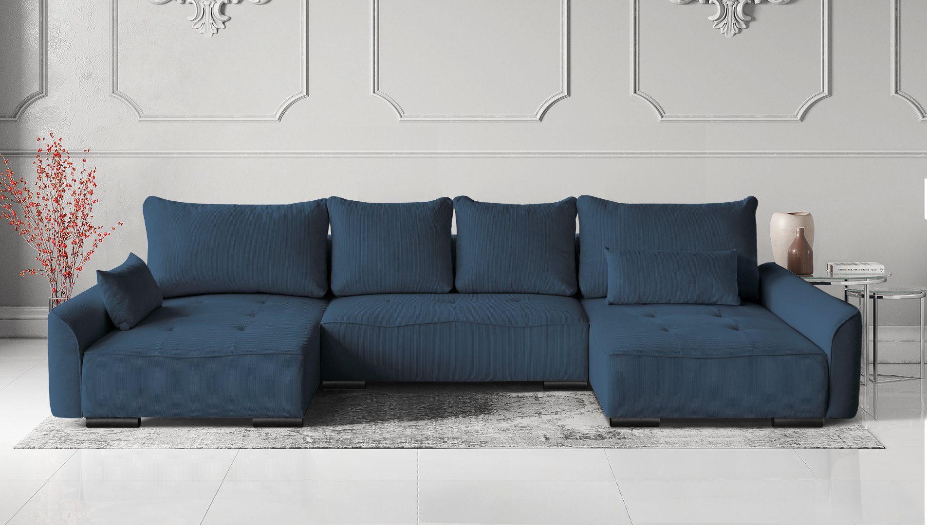 Beautysofa Ecksofa Satin U, mit Schlaffunktion, Bettkasten, universell mane, große U-Form Polsterecke in modernes Stil, 383 cm Schlafecke Dunkelblau (fjord 86)