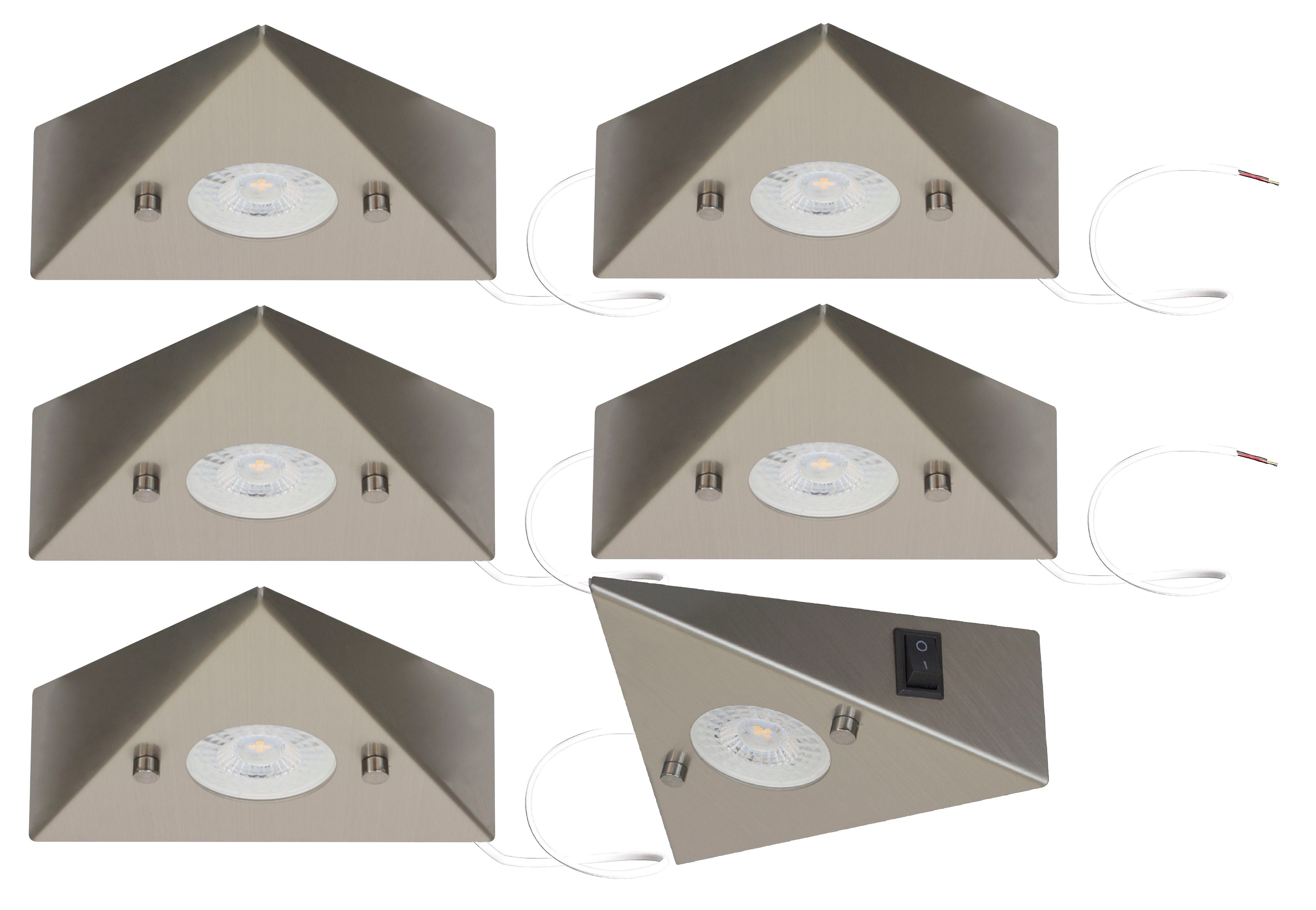 Unterbauleuchte, Dreieckleuchte Einbaustrahler aus 4.8 230 *COOK* LED 6x beliebig gebürstet erweiterbar, - inkl. Schalter LED Edelstahl 6739-62 - - direkt – Watt Volt Schrankleuchte LED Modul warmweiß Einbauleuchte 6er Edelstahl - TRANGO LED-Küchenunterbauleuchte 3000K Set