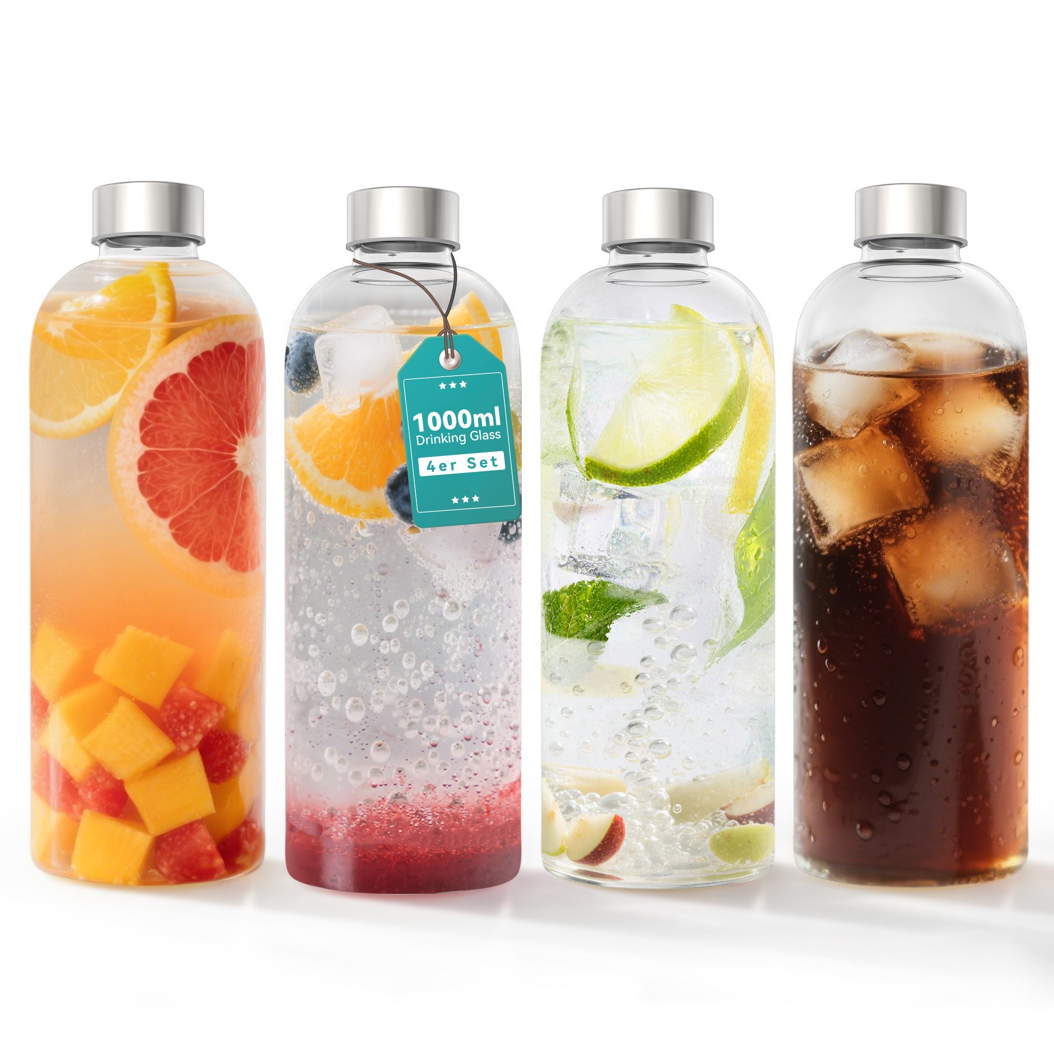 FIVMEN Trinkflasche luftdichte Glaswasserflasche 1000ml mit Edelstahldeckel, 2/4/6 Stück Saftflaschen Set inkl. Reinigungsbürste für Wasser, Saft