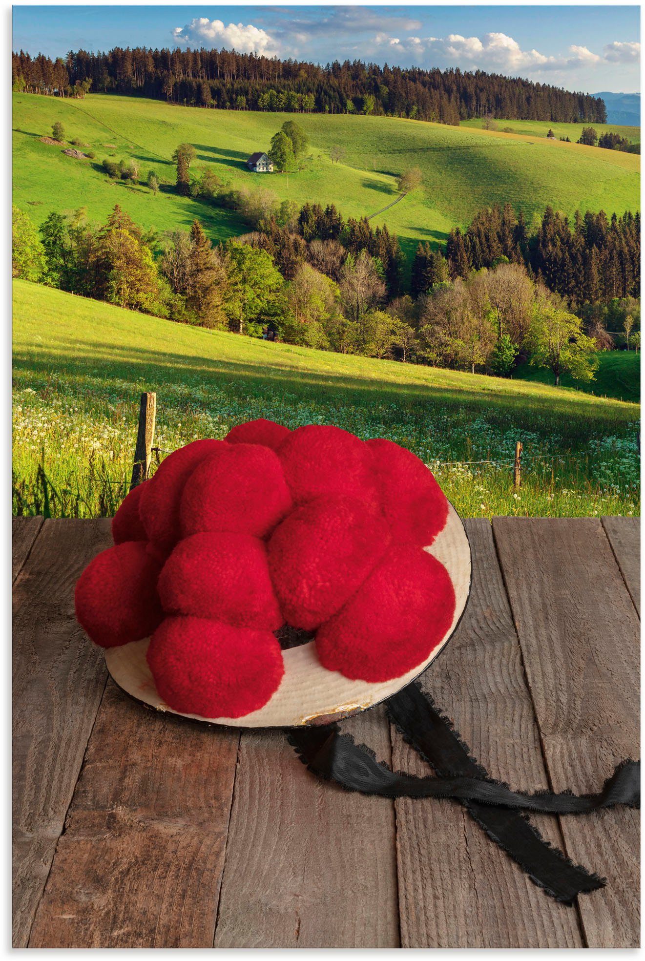 Artland Wandbild Schwarzwälder Bollenhut auf Holztisch, Wiesen & Baumbilder (1 St), als Alubild, Leinwandbild in verschied. Größen