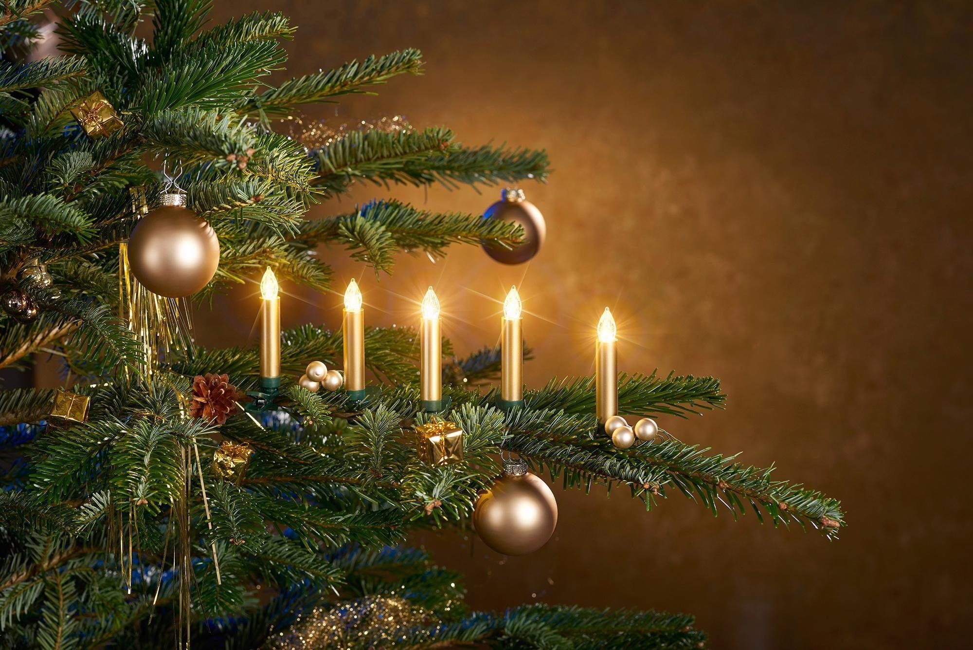 BONETTI LED-Christbaumkerzen Weihnachtsdeko aussen, 25 kabellos, Kerzen Christbaumschmuck, plus goldfarben Zubehör