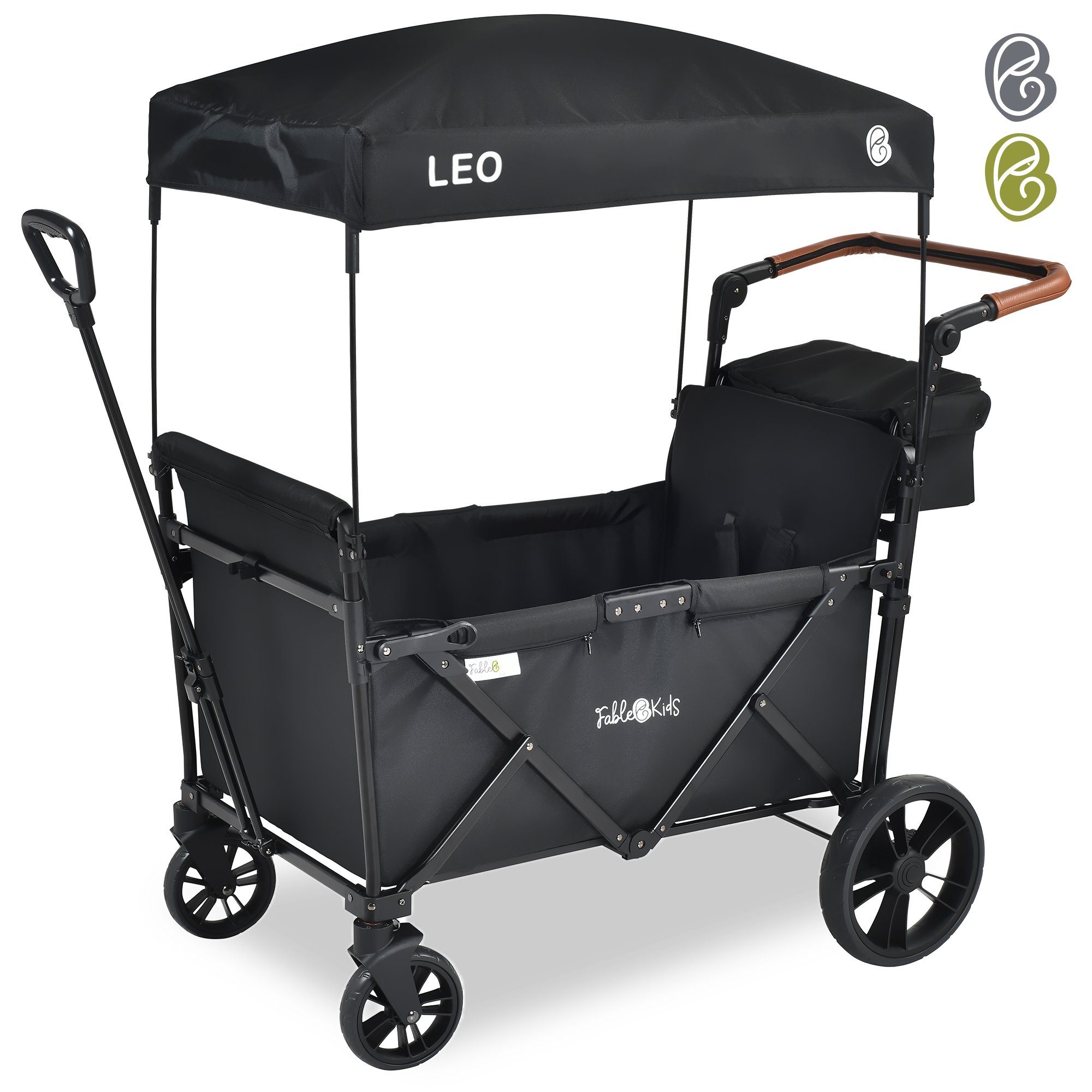 FableKids Bollerwagen LEO X2Lite – Faltbarer Transportwagen mit Dach 5-Punkt-Gurt (Onyx Schwarz), Hecktasche, Abdeckhaube
